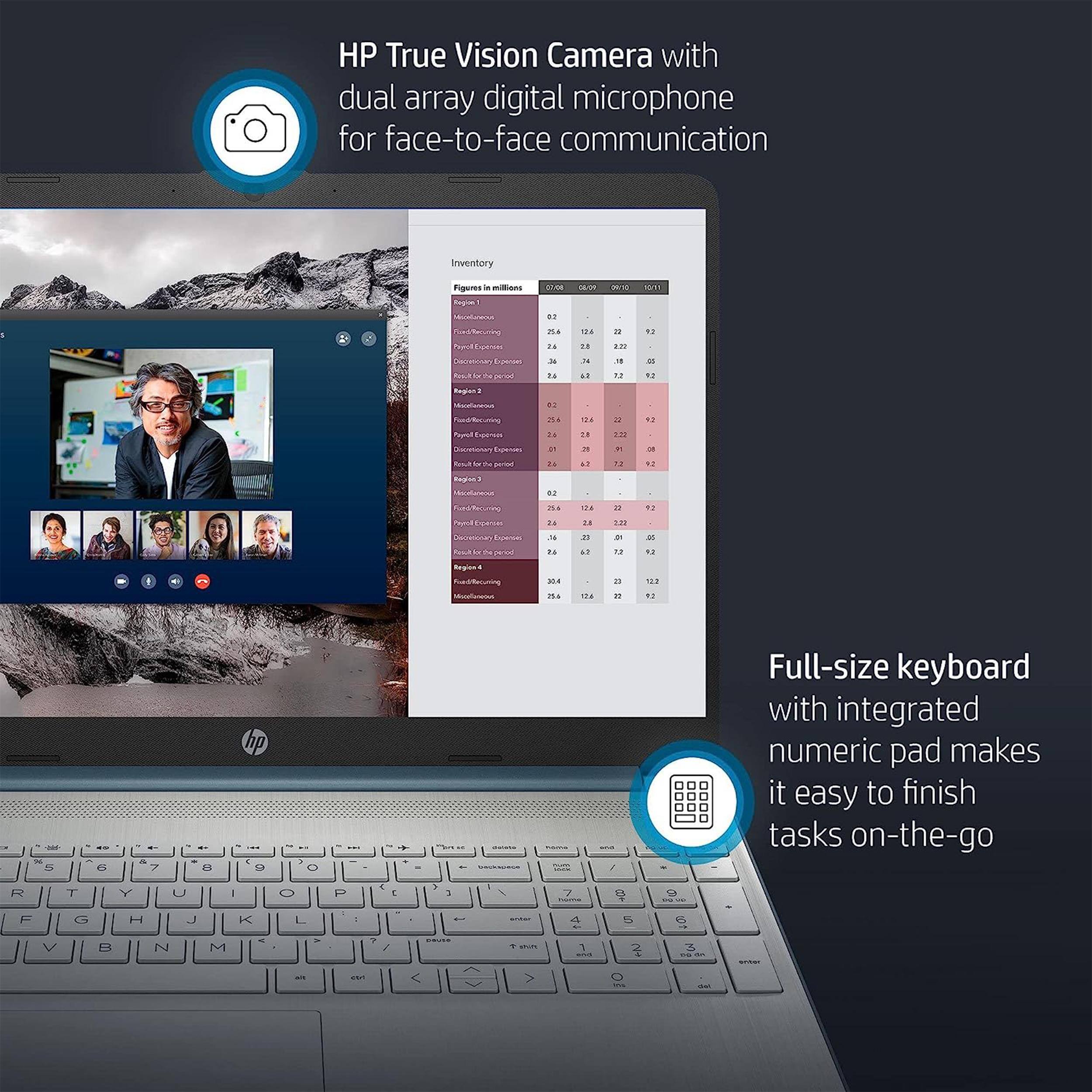 HP True Vision Camera with dual array digital microphone for face-to-face communication

Full-size keyboard with integrated numeric pad makes it easy to finish tasks on-the-go