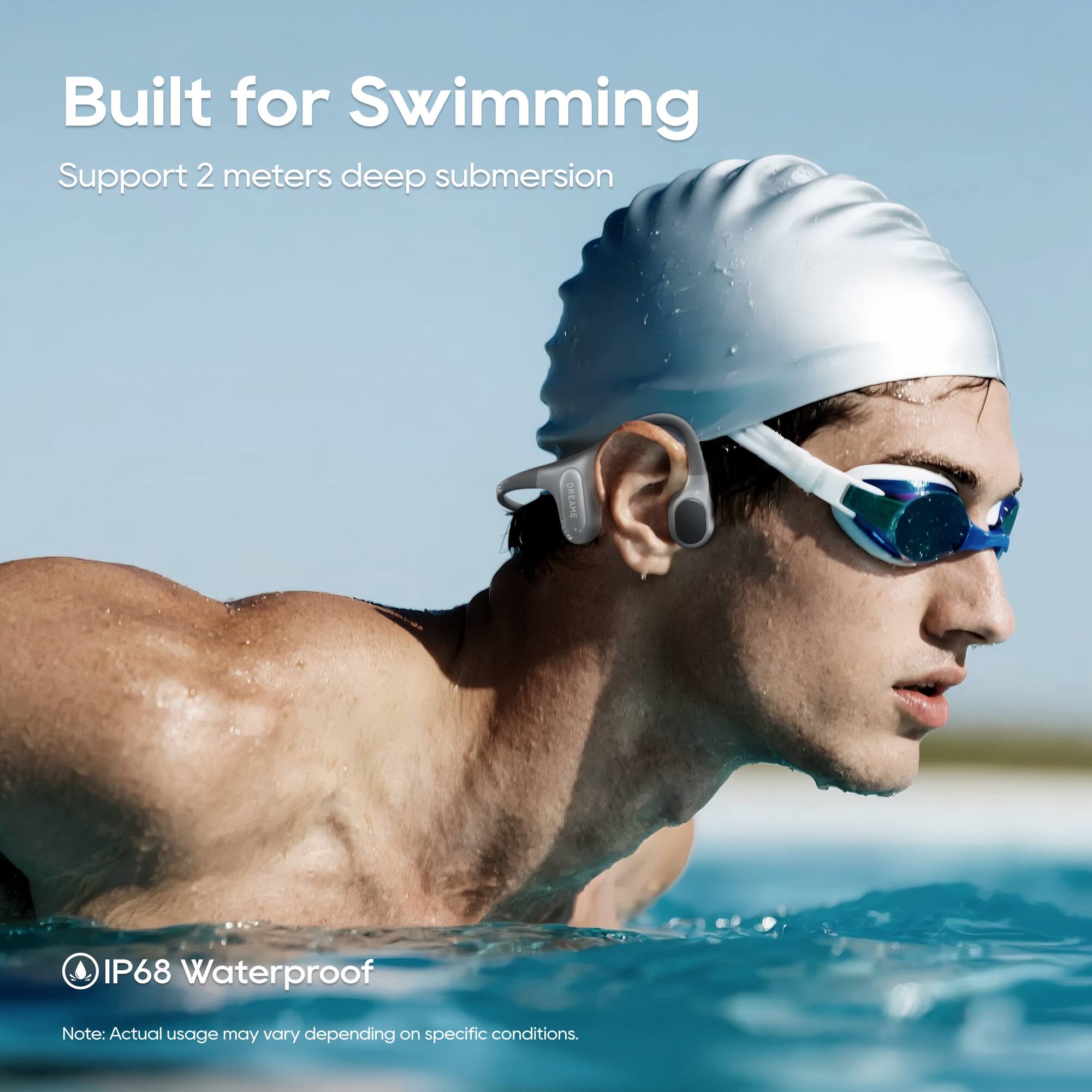 Built for Swimming  
Support 2 meters deep submersion  

IP68 Waterproof  

Note: Actual usage may vary depending on specific conditions.