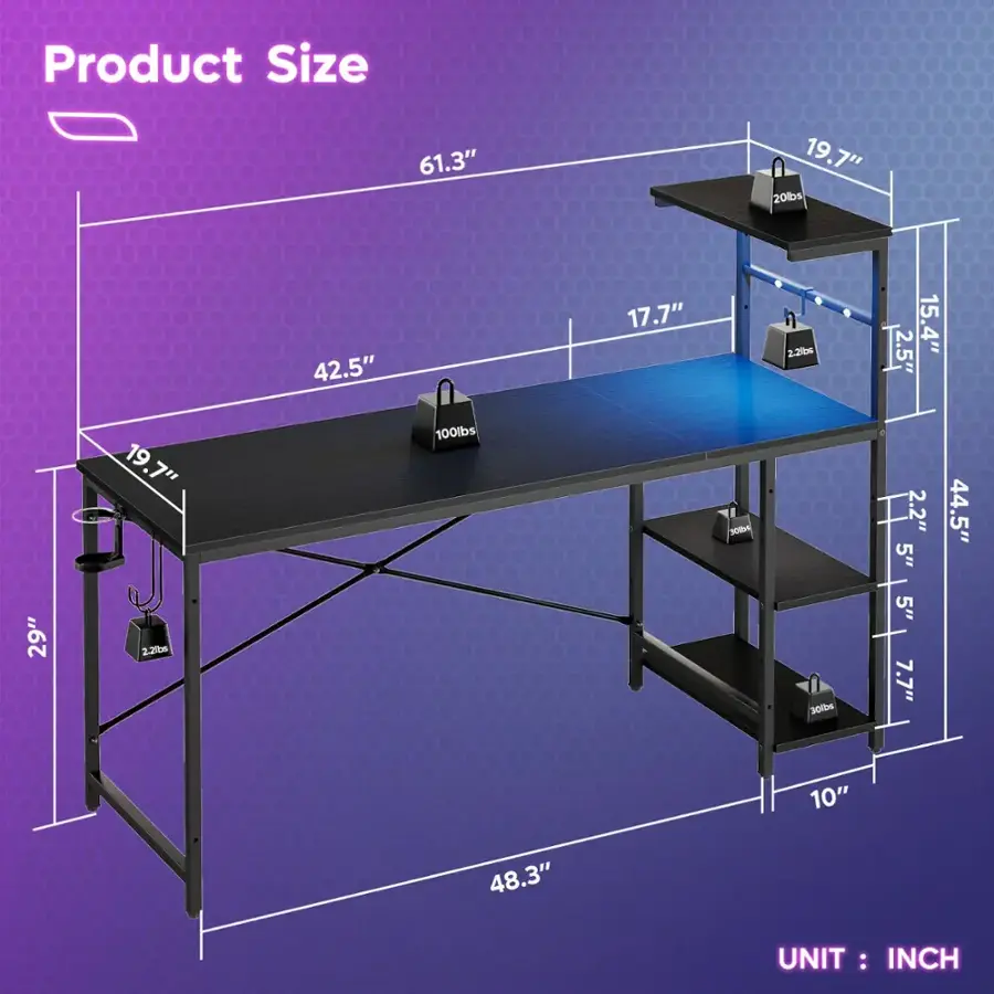 Product Size: 61.3" x 19.7" x 20lbs, 42.5" x 17.7" x 2.2bs, 2.5" x 15.4" x 19.7" x 100lbs, 3m x 2.2" x 5" x 44.5" x 29" x 2.20bs, 30ibs x 5" x 7.7" x 10" x 48.3"
UNIT: INC:
