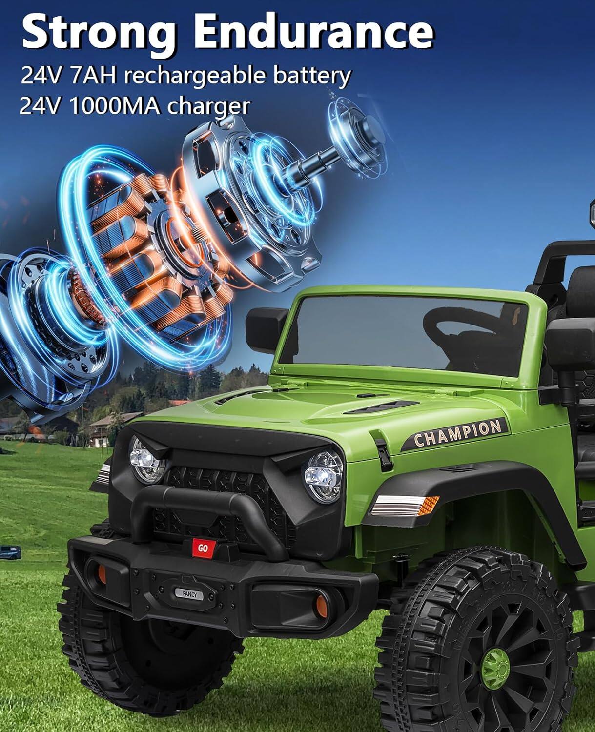 Strong Endurance  
24V 7AH rechargeable battery  
24V 1000MA charger  

CHAMPION  
GO  
FANCY