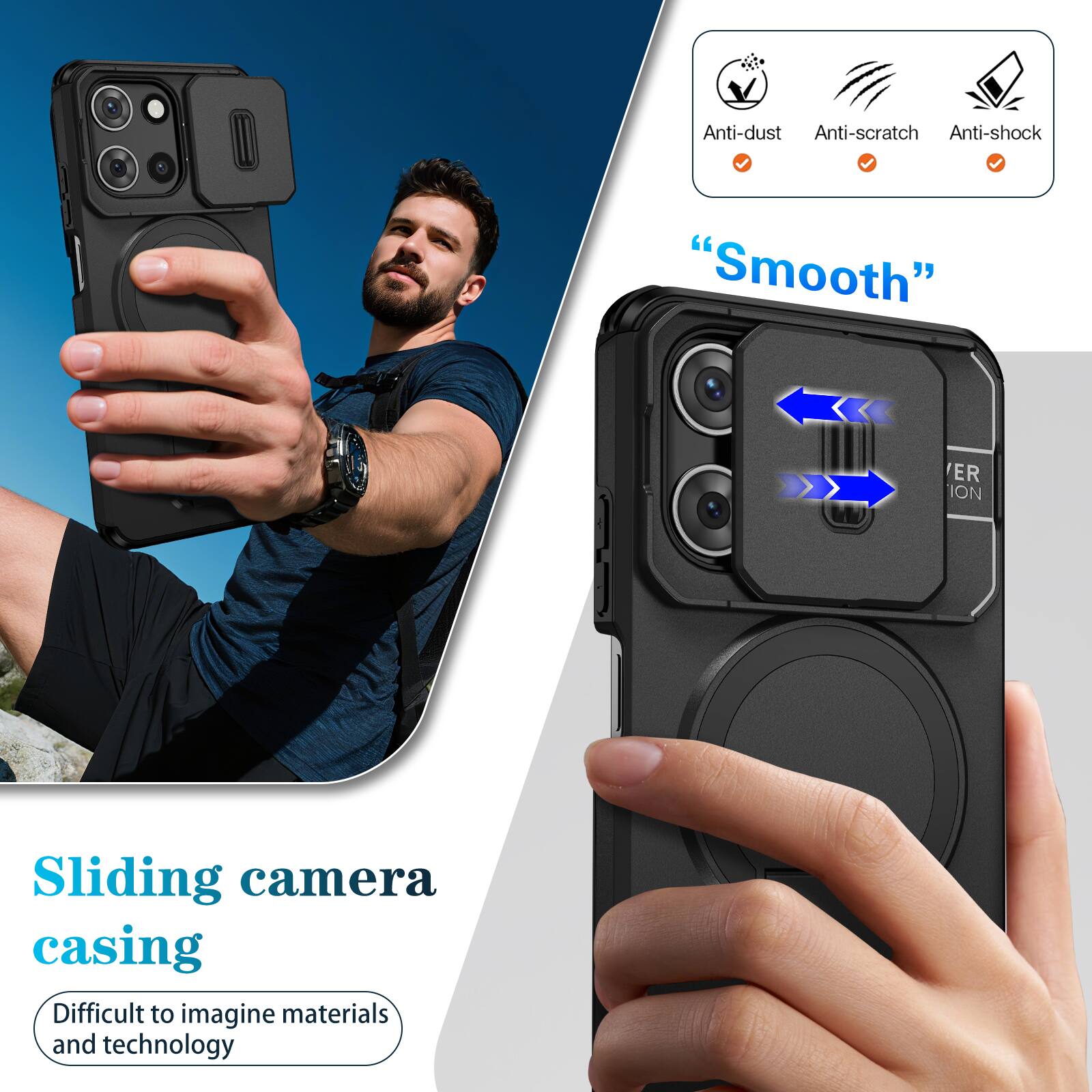 Anti-dust  
Anti-scratch  
Anti-shock  
"Smooth"  
ER ION  
Sliding camera casing  
Difficult to imagine materials and technology