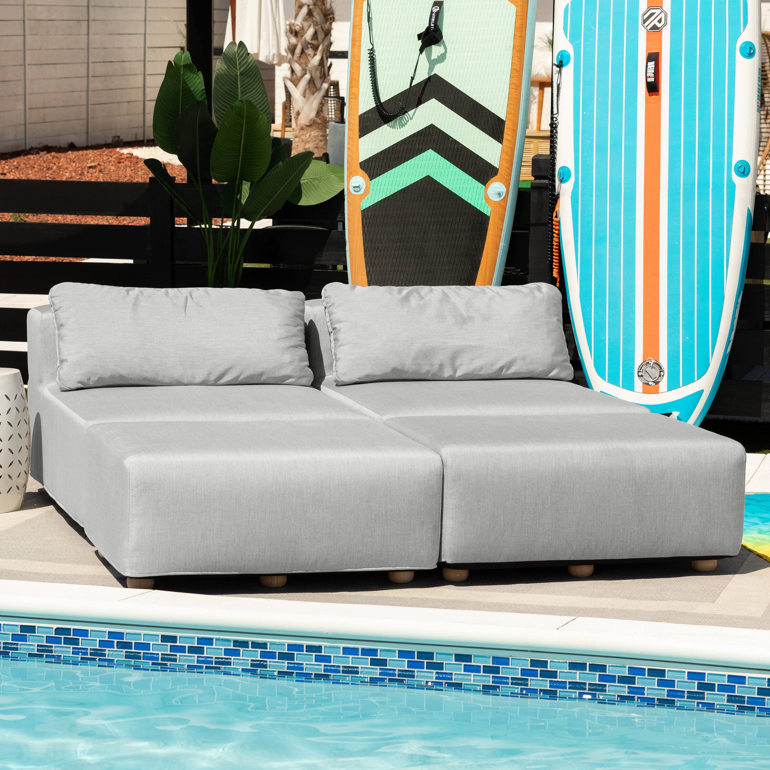 Angle. Jaxx - Jaxx Vada Outdoor Sun Lounger Luxury Modular Chaise & Ottoman w/ Sunbrella Fabric & Waterproof Cover, Sunbrella Granite - Granite.