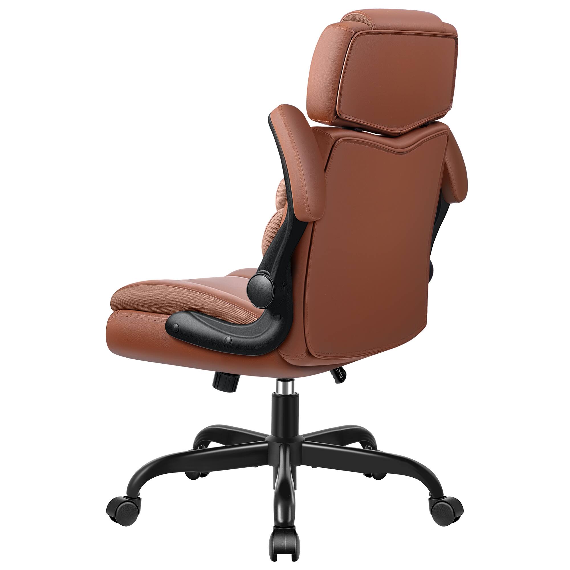Back. Brick Attic - Ergonomic Leather Executive Office Chair , Swivel Computer Chair with Flip-Up Armrests and Adjustable Headrest - Brown.