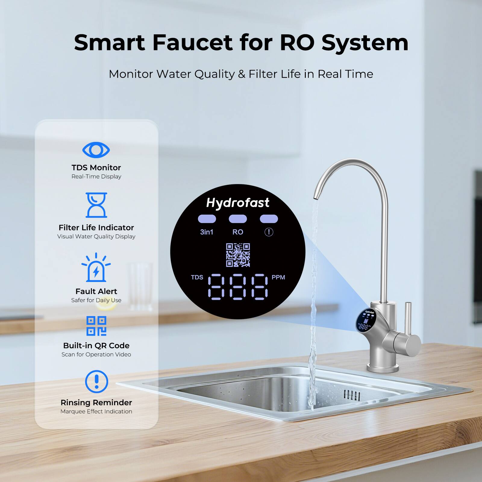 Smart Faucet for RO System  
Monitor Water Quality & Filter Life in Real Time  

- TDS Monitor Real-Time Display  
- Hydrofast Filter Life Indicator  
- Visual Water Quality Display  
- 3in1 RO - TDS PPM Fault Alert  
- Safer for Daily Use  

Built-in QR Code Scan for Operation Video!  
Rinsing Reminder  
Marquee Effect Indication