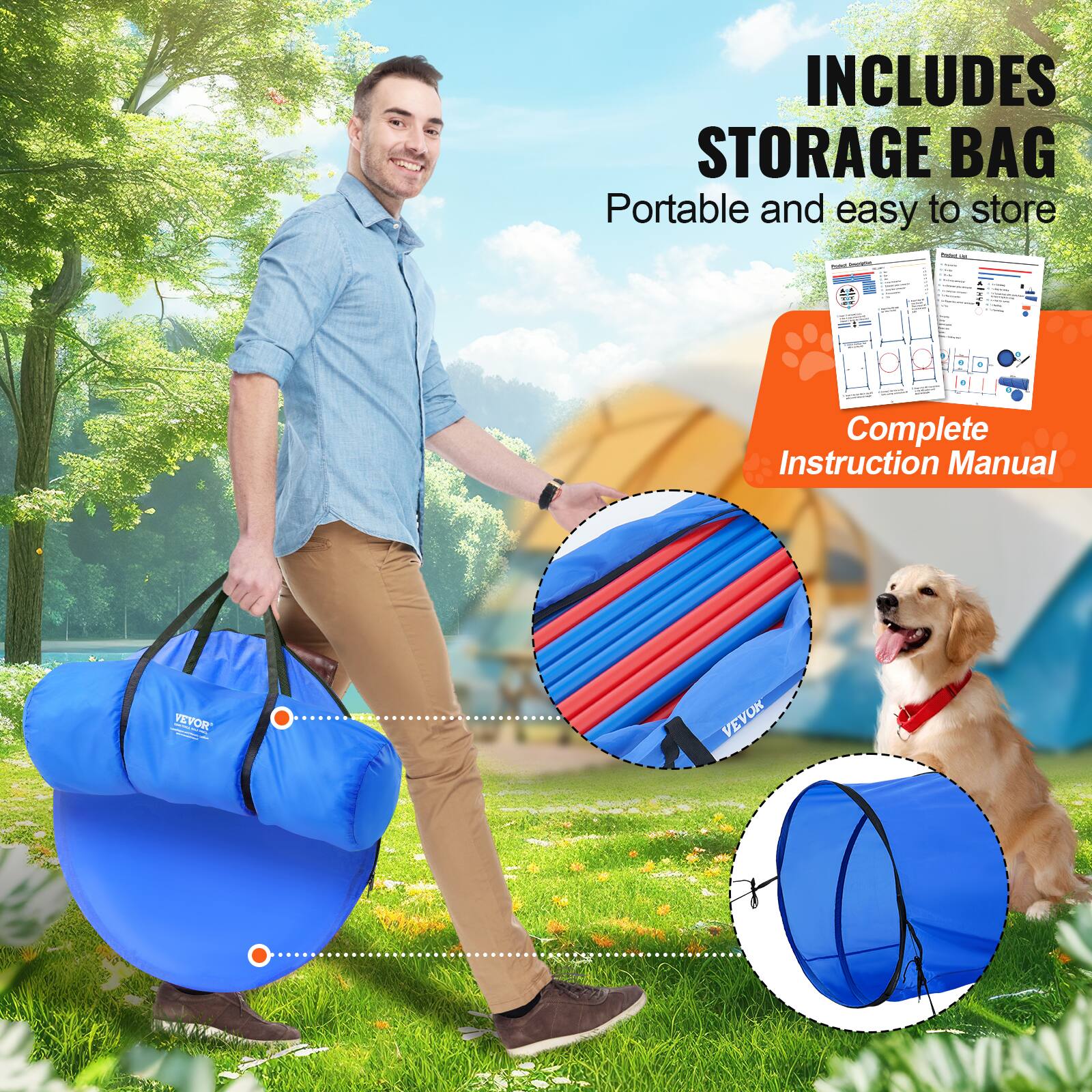 INCLUDES STORAGE BAG Portable and easy to store | Complete Instruction Manual