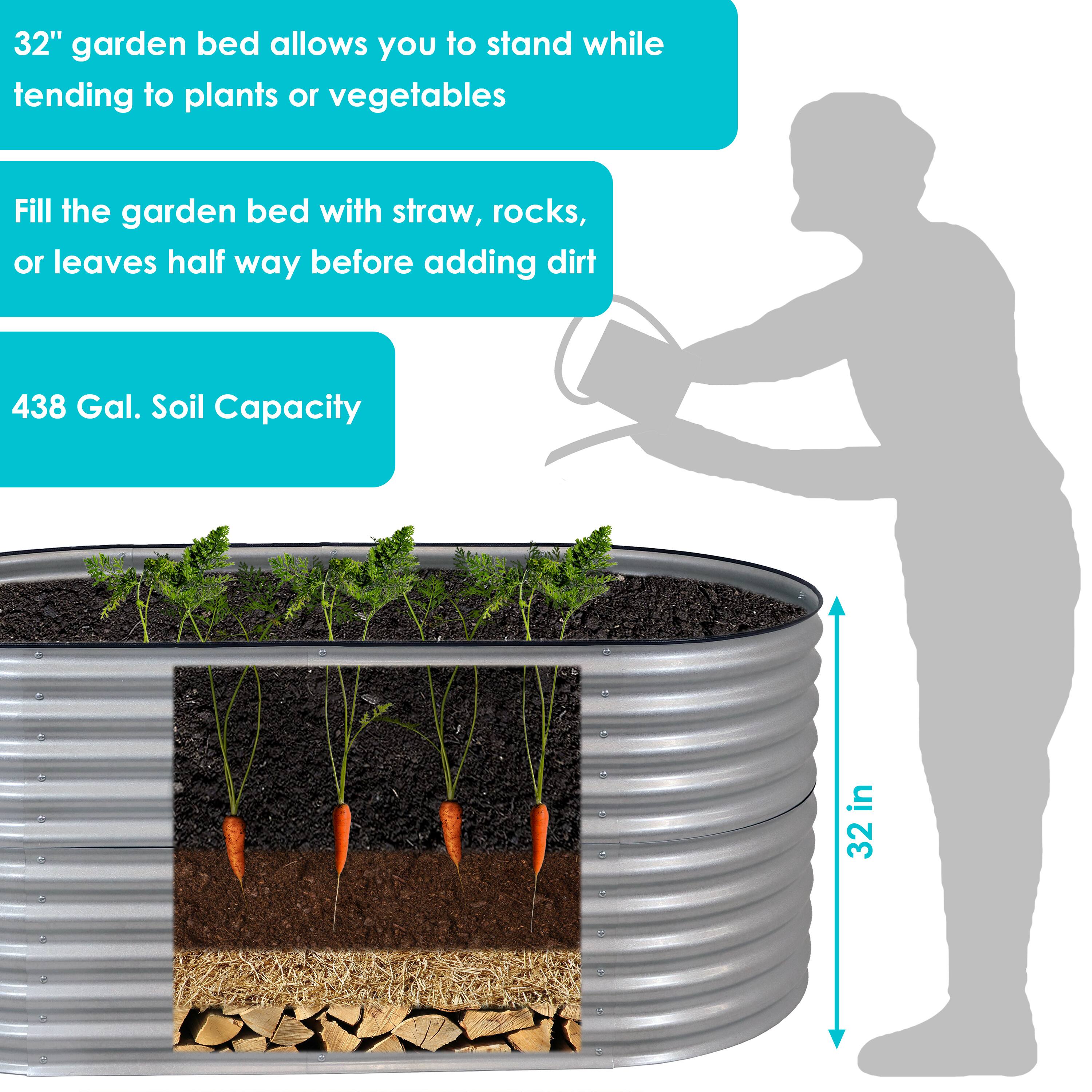 32" garden bed allows you to stand while tending to plants or vegetables

Fill the garden bed with straw, rocks, or leaves halfway before adding dirt

438 Gal. Soil Capacity