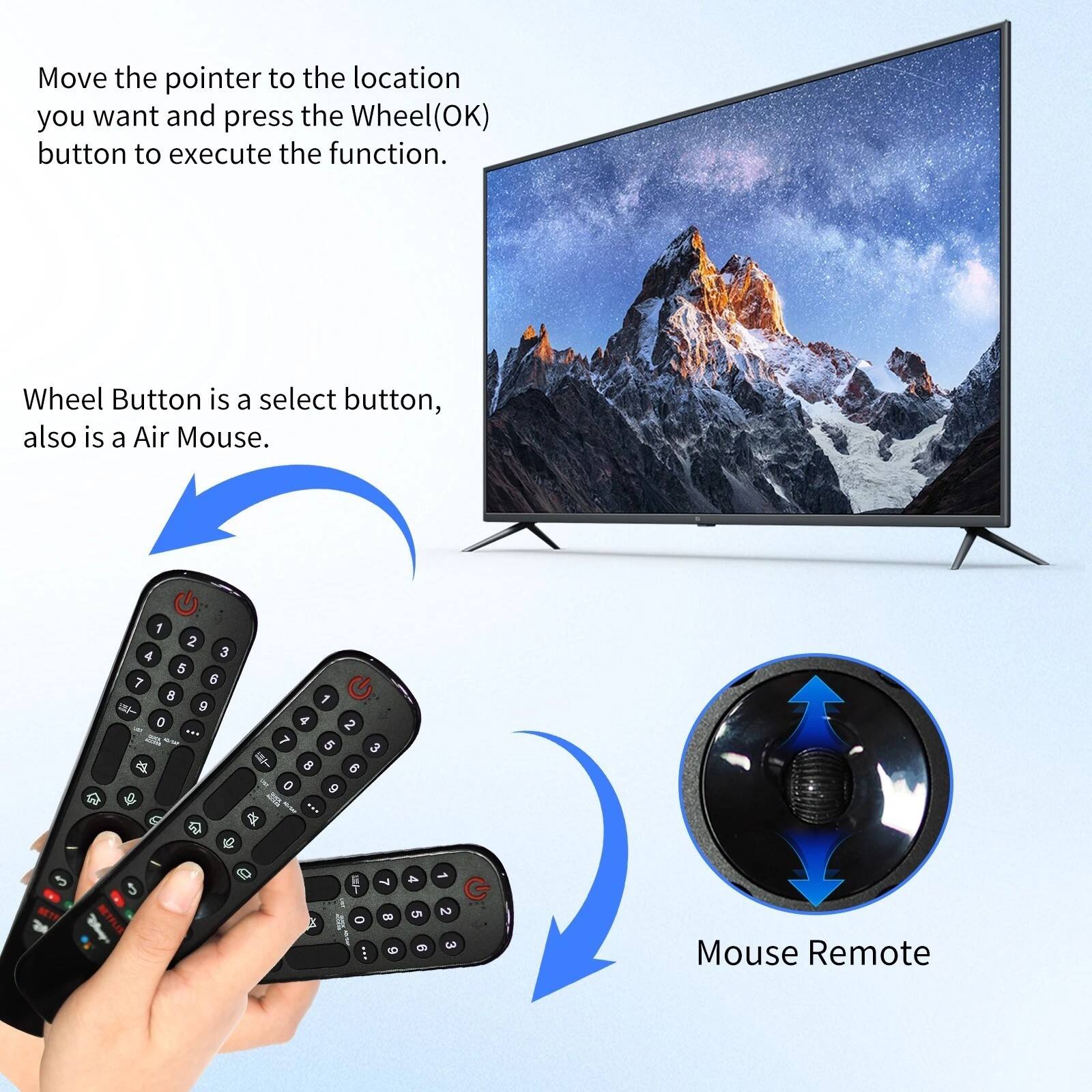 Move the pointer to the location you want and press the Wheel (OK) button to execute the function.  
Wheel Button is a select button, also is a Air Mouse.  
Mouse Remote