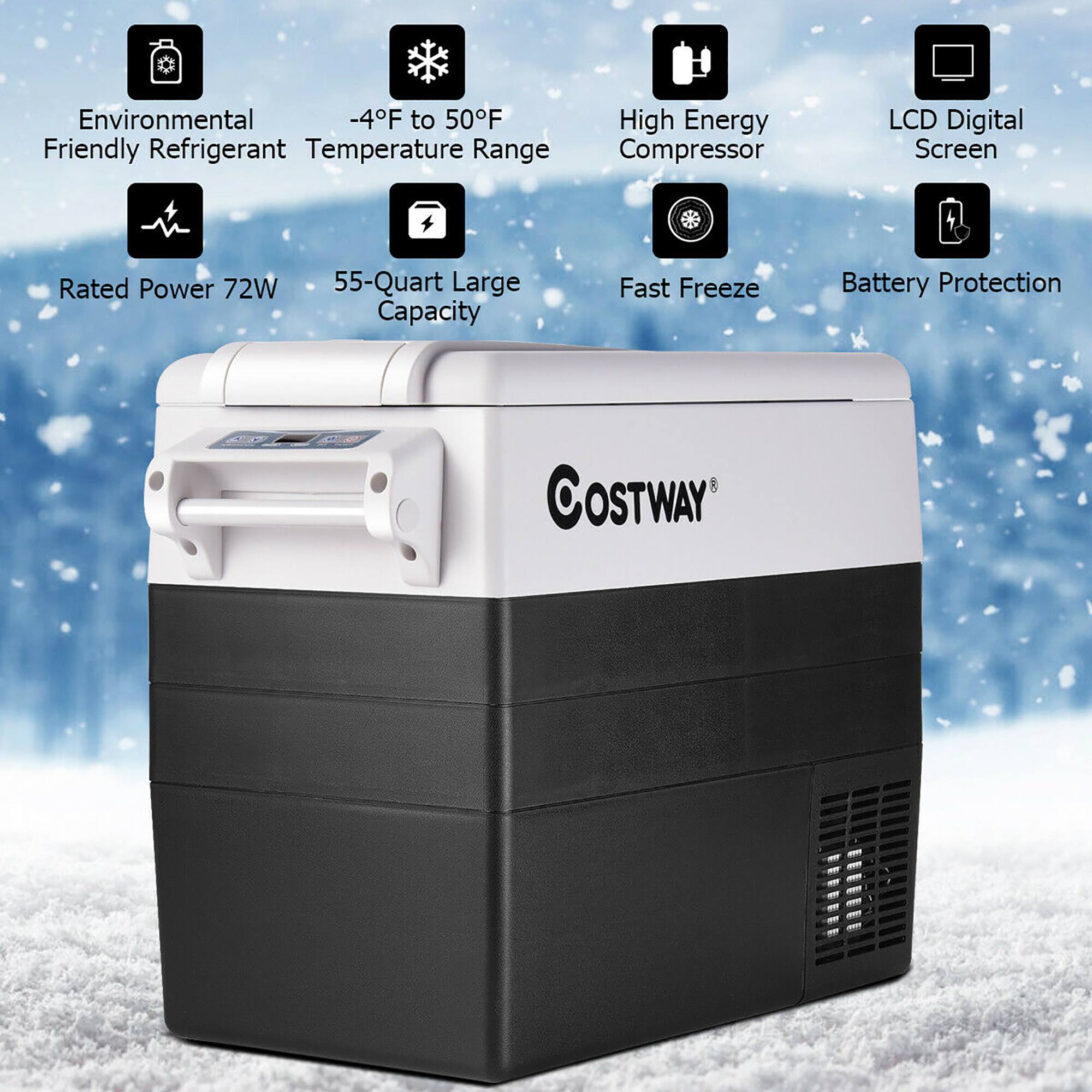 The image features a black and white advertisement for a Costway refrigerator. The text on the image highlights the following features:

1. Environmental -4F to 50F Friendly Refrigerant Temperature Range
2. High Energy Compressor
3. LCD Digital Screen
4. Rated Power 72W
5. 55-Quart Large Capacity
6. Fast Freeze
7. Battery Protection

These features make the Costway refrigerator an energy-efficient and convenient option for customers.