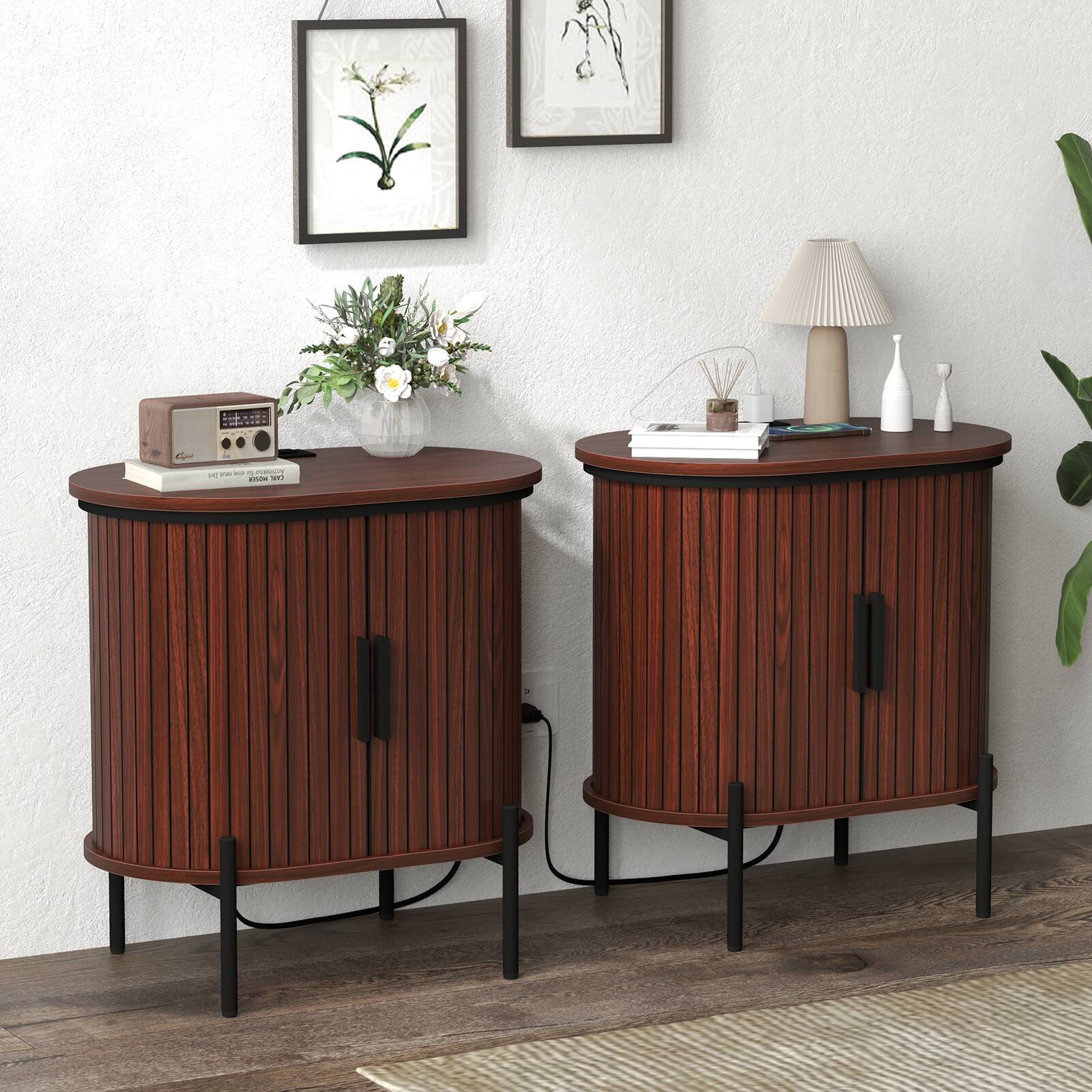 Left. Bestier - Mid-Century Modern Side Table with Sliding Slat Doors, Built-In Power Outlet & USB Ports - Reddish brown.