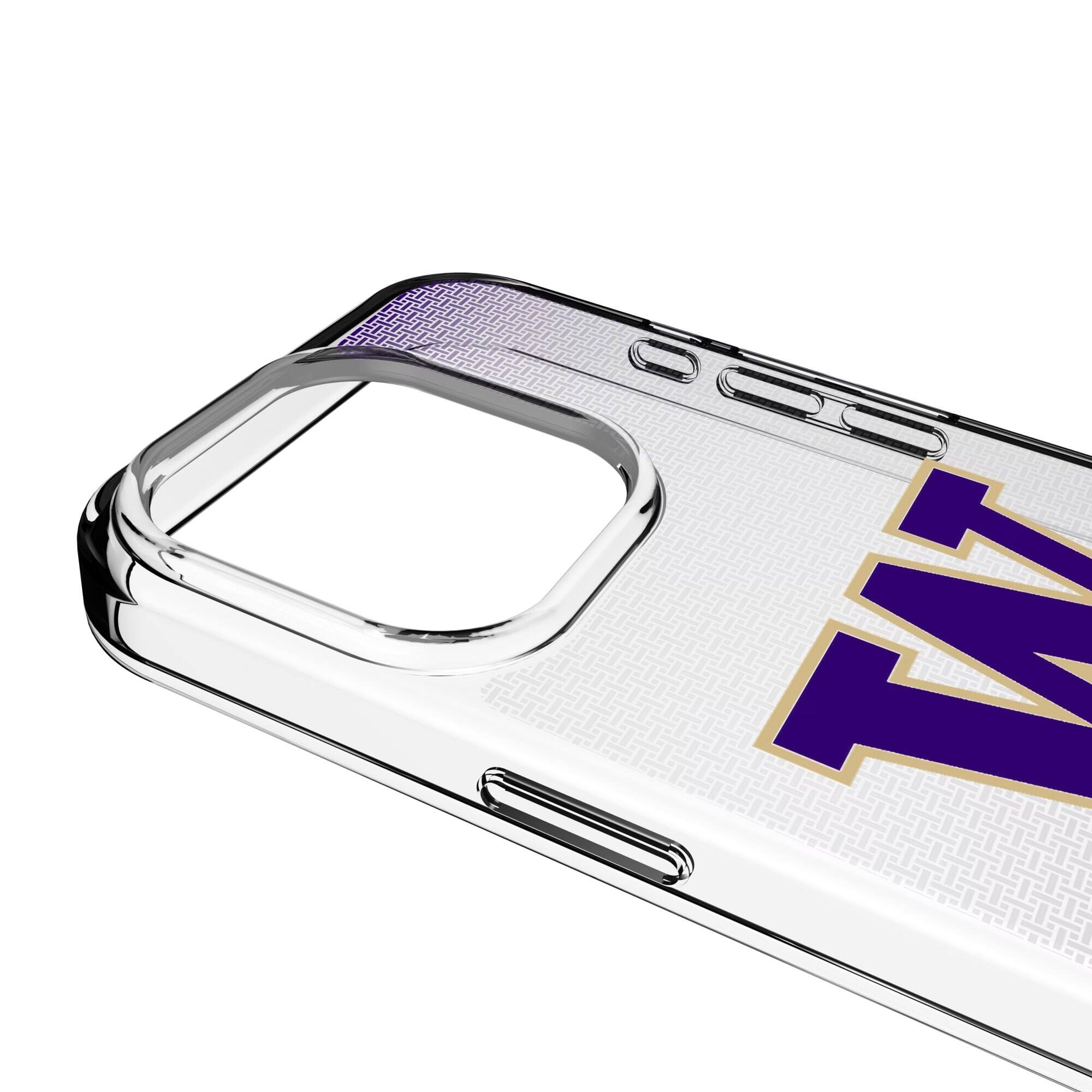 Alt View 2. Keyscaper - Washington Huskies Linen Logo iPhone Clear Case - 15 Plus - Multicolor.
