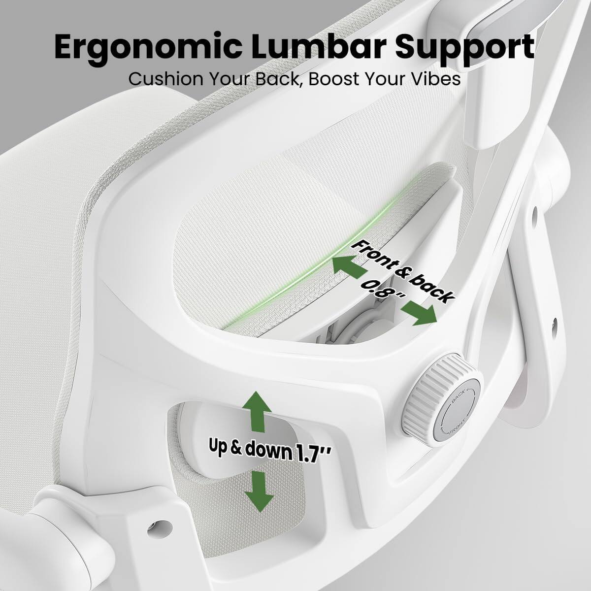 Ergonomic Lumbar Support  
Cushion Your Back, Boost Your Vibes  

Front & back 0.8"  
Up & down 1.7"
