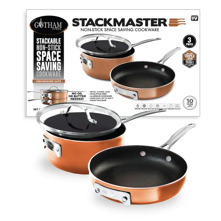 Stack Master Cookware Gotham Steel Stackmaster 3 Piece 8'' Space Saving Nonstick Cookware Set ...