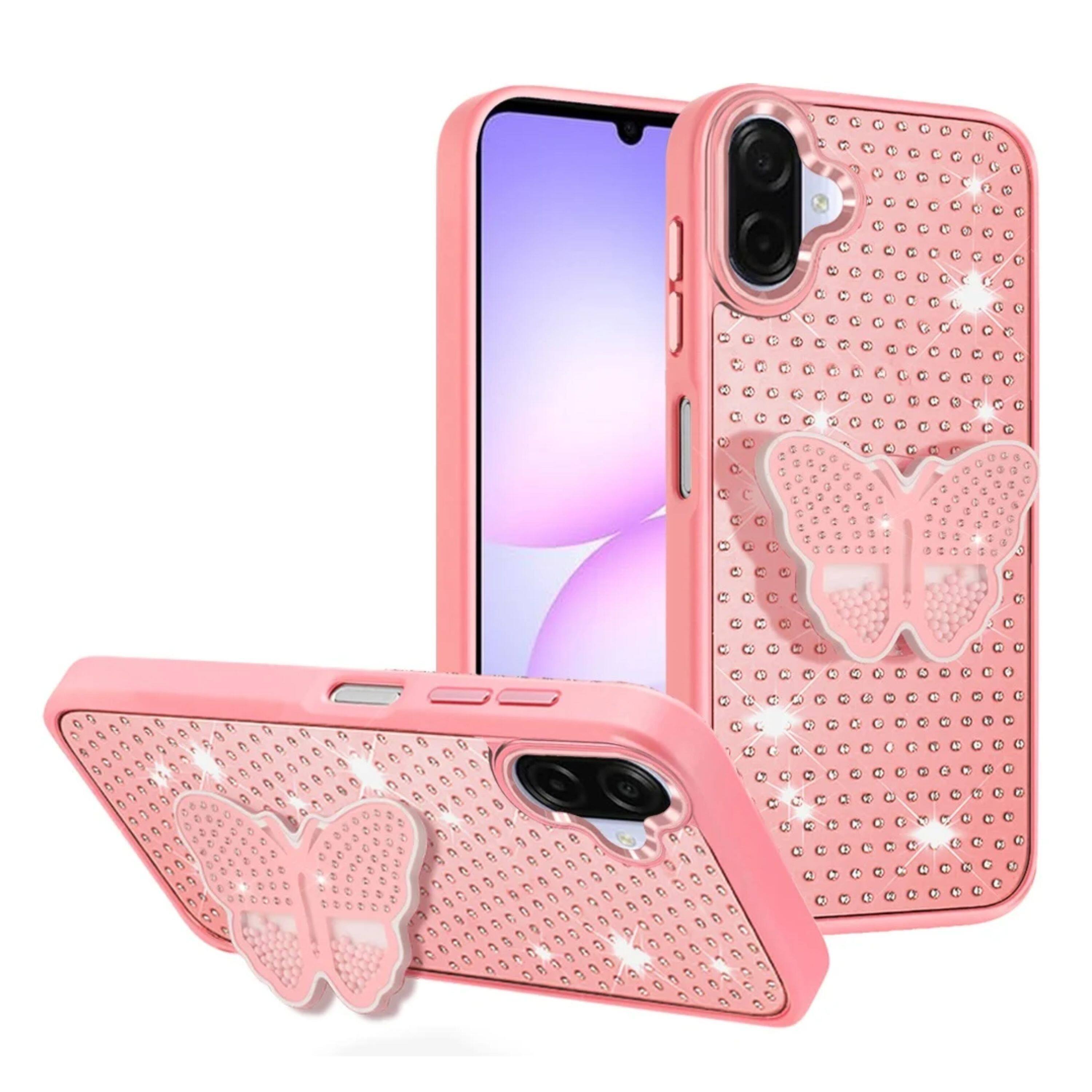 Angle. Kitcheniva - Butterfly Grip Stand Faux Crystals Phone Case With Tempered Glass For Samsung Galaxy A07 Pink - Pink.