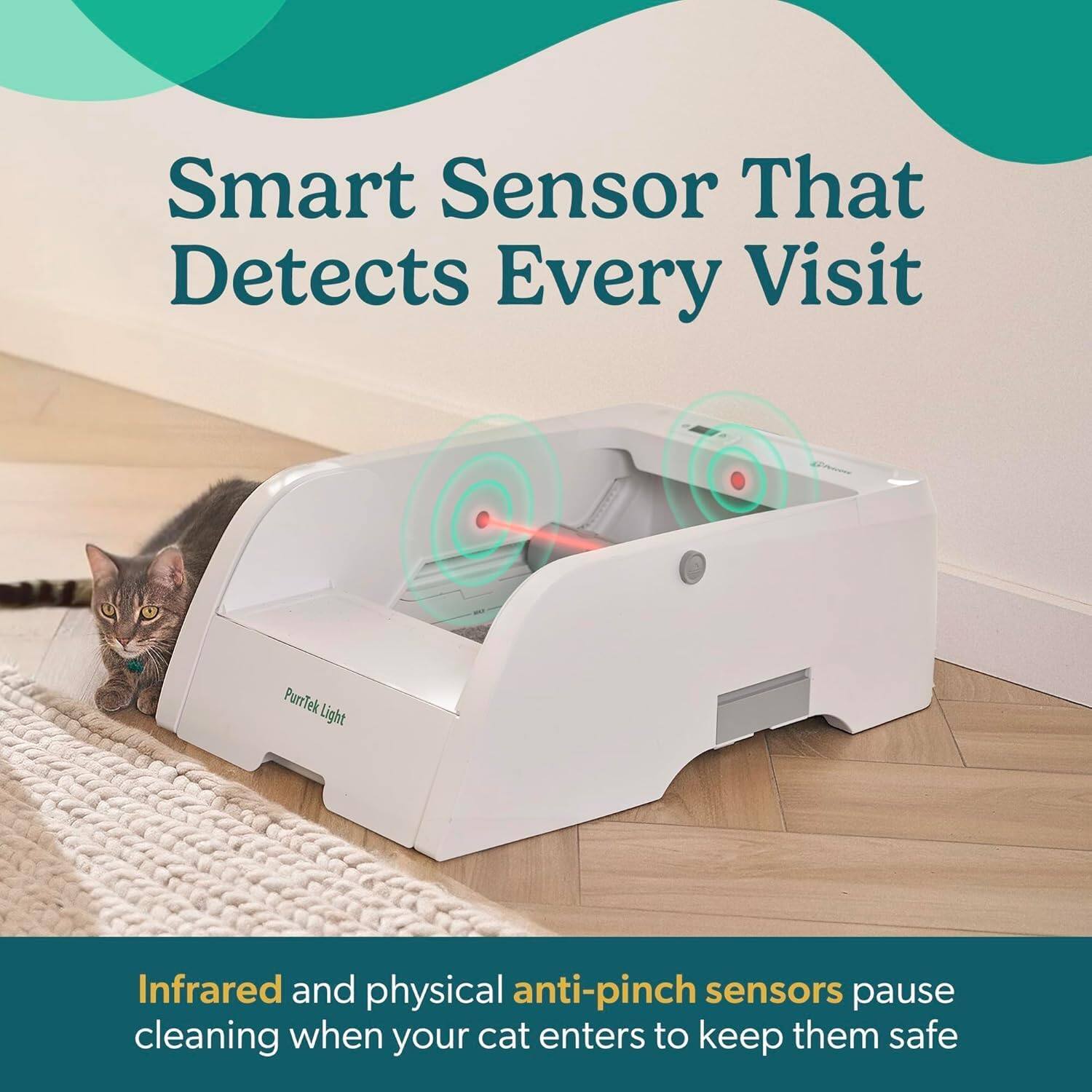 Smart Sensor That Detects Every Visit

PurrTek Light

Infrared and physical anti-pinch sensors pause cleaning when your cat enters to keep them safe