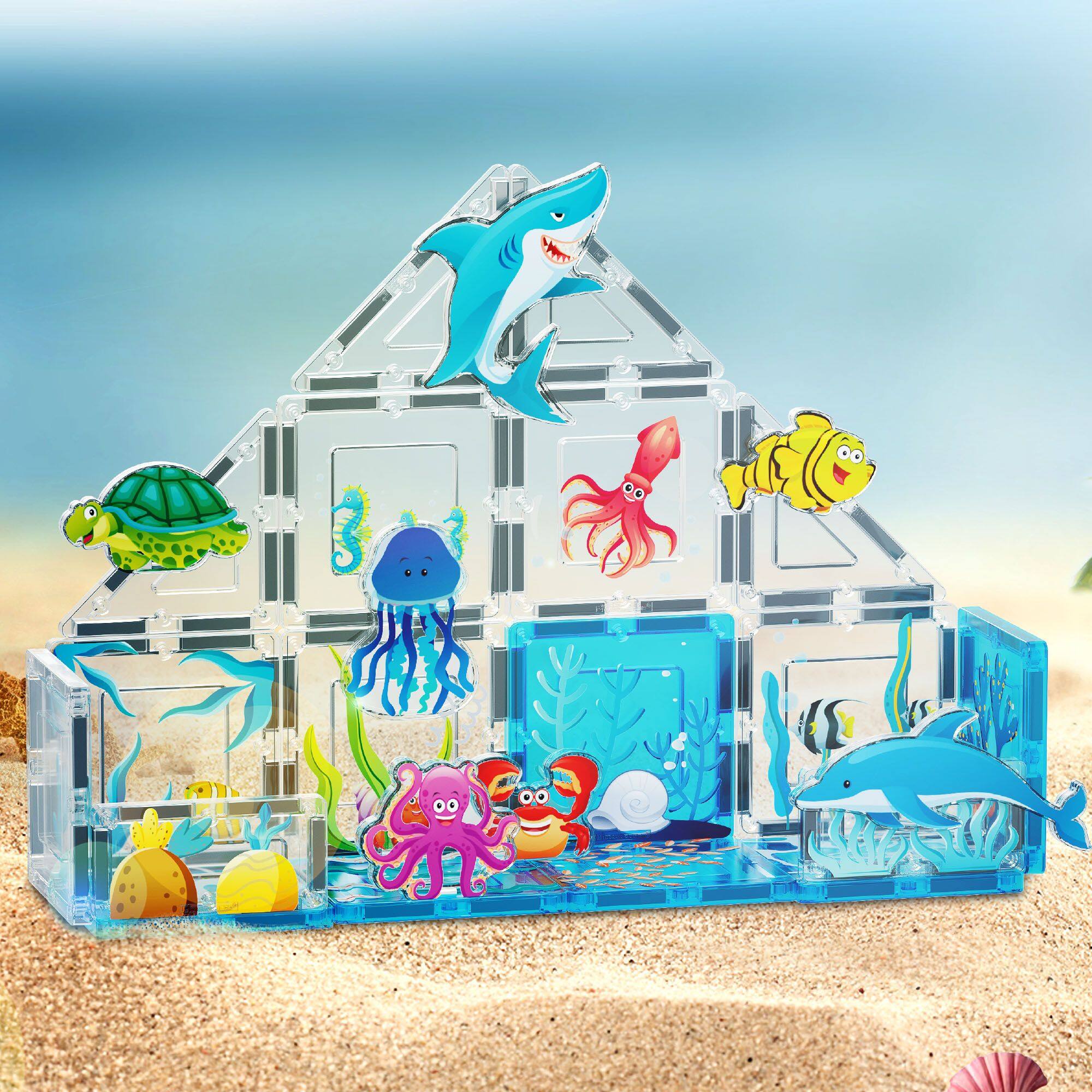 Alt View 7. PicassoTiles - PICASSO-TILES Magnetic Tiles for Kids, 26PCS Marine Theme, Construction STEM Building Blocks Educational Toy - Multicolor.