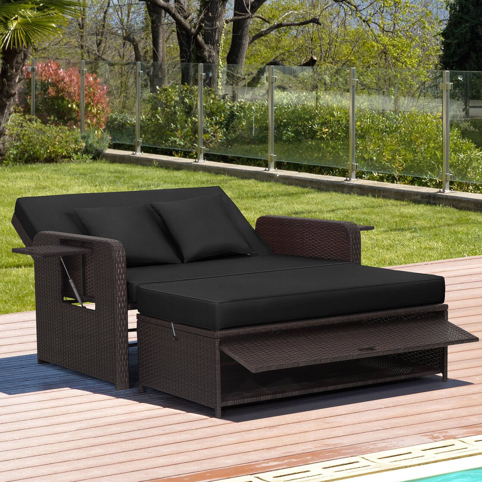 Angle. SlickBlue - Patio Rattan Daybed with 4-Level Adjustable Backrest and Retractable Side Tray - Black.