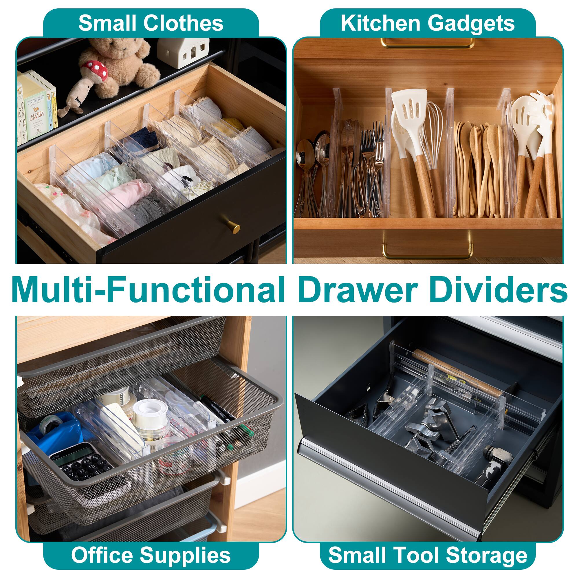 Small Clothes  
Kitchen Gadgets  
Multi-Functional Drawer Dividers  
Office Supplies  
Small Tool Storage