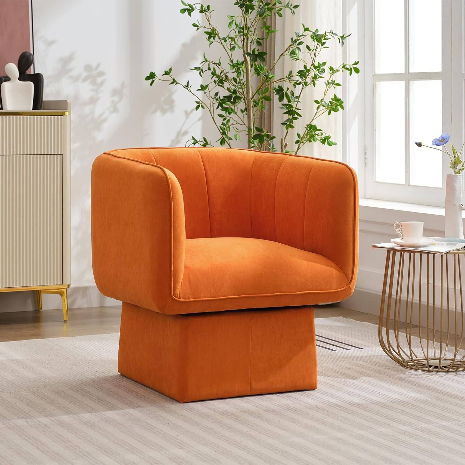 Front. Jojoka - Flash Sale, Modern Velvet Swivel Barrel Accent Chair, 360° Rotating Lounge Chair, Ergonomic Seat, Orange - Orange.