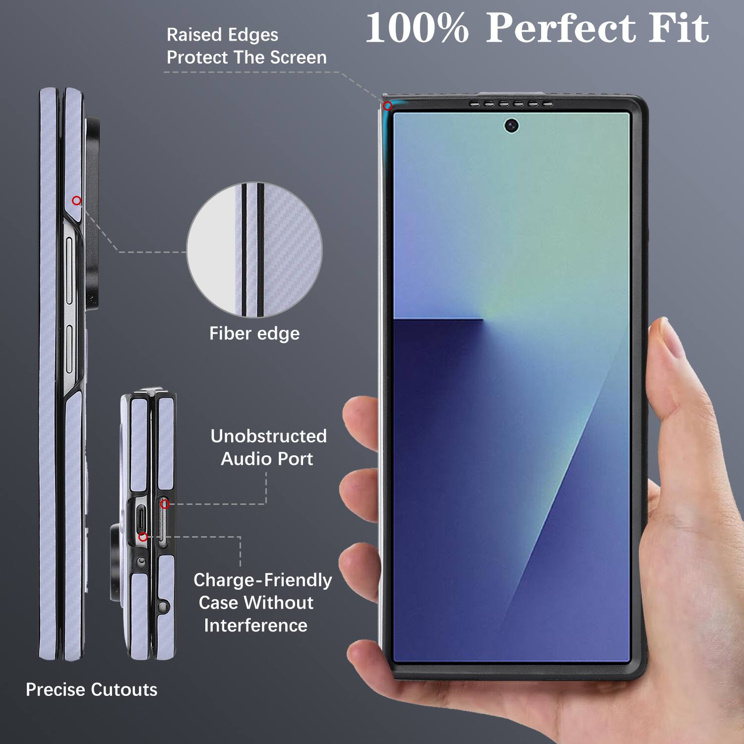 Raised Edges 100% Perfect Fit Protect The Screen Fiber edge Unobstructed Audio Port Charge-Friendly Case Without Interference Precise Cutouts