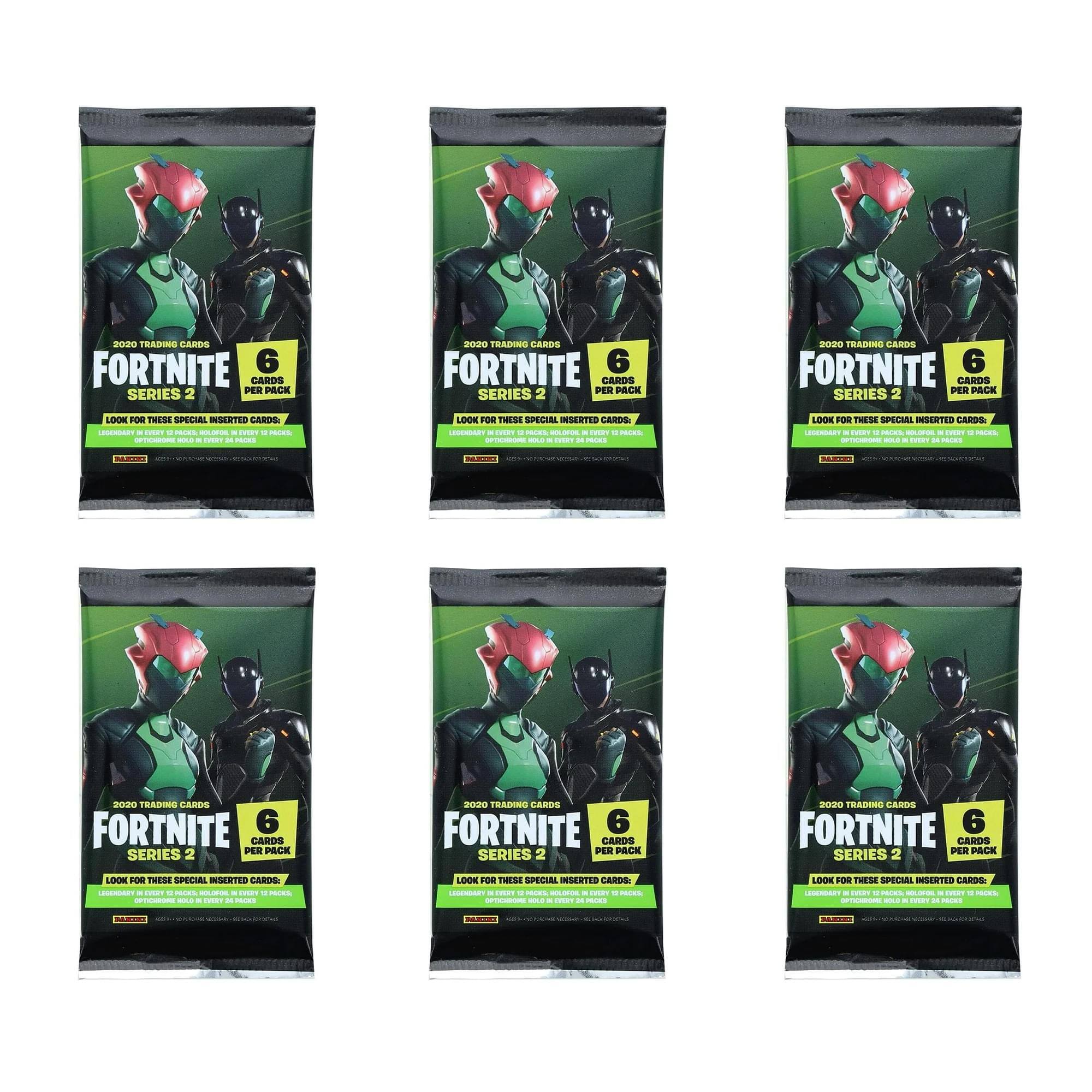 2020 TRADING CARDS  
FORTNITE  
SERIES 2  
6 CARDS PER PACK  

LOOK FOR THESE SPECIAL INSERTED CARDS:  
LEGENDARY IN EVERY 10 PACKS, MYTHIC IN EVERY 20 PACKS, EPIC IN EVERY 50 PACKS.  

TRADEMARKS:  
FORTNITE, EPIC GAMES, AND ALL RELATED MARKS ARE TRADEMARKS OF EPIC GAMES, INC.