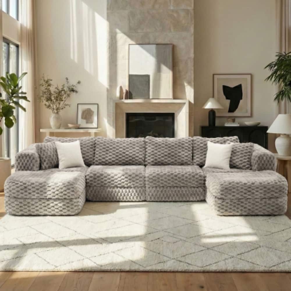 LUCKY ONE - 135.4" Modular Boneless Sectional Sofa w/ Two Movable Ottomans Bubble Velvet - Gray