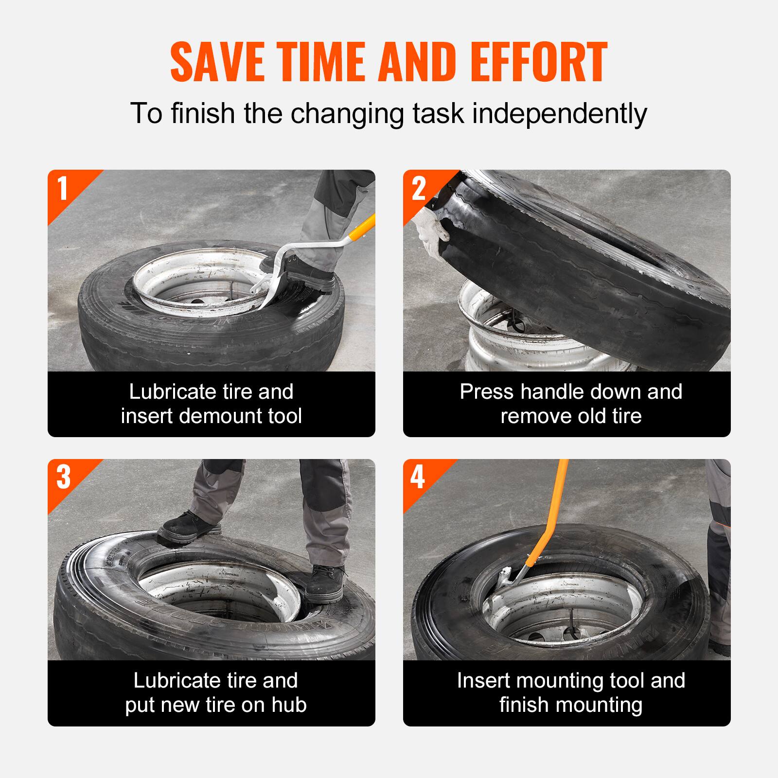 SAVE TIME AND EFFORT  
To finish the changing task independently

1. Lubricate tire and insert demount tool
2. Press handle down and remove old tire
3. Lubricate tire and put new tire on hub
4. Insert mounting tool and finish mounting