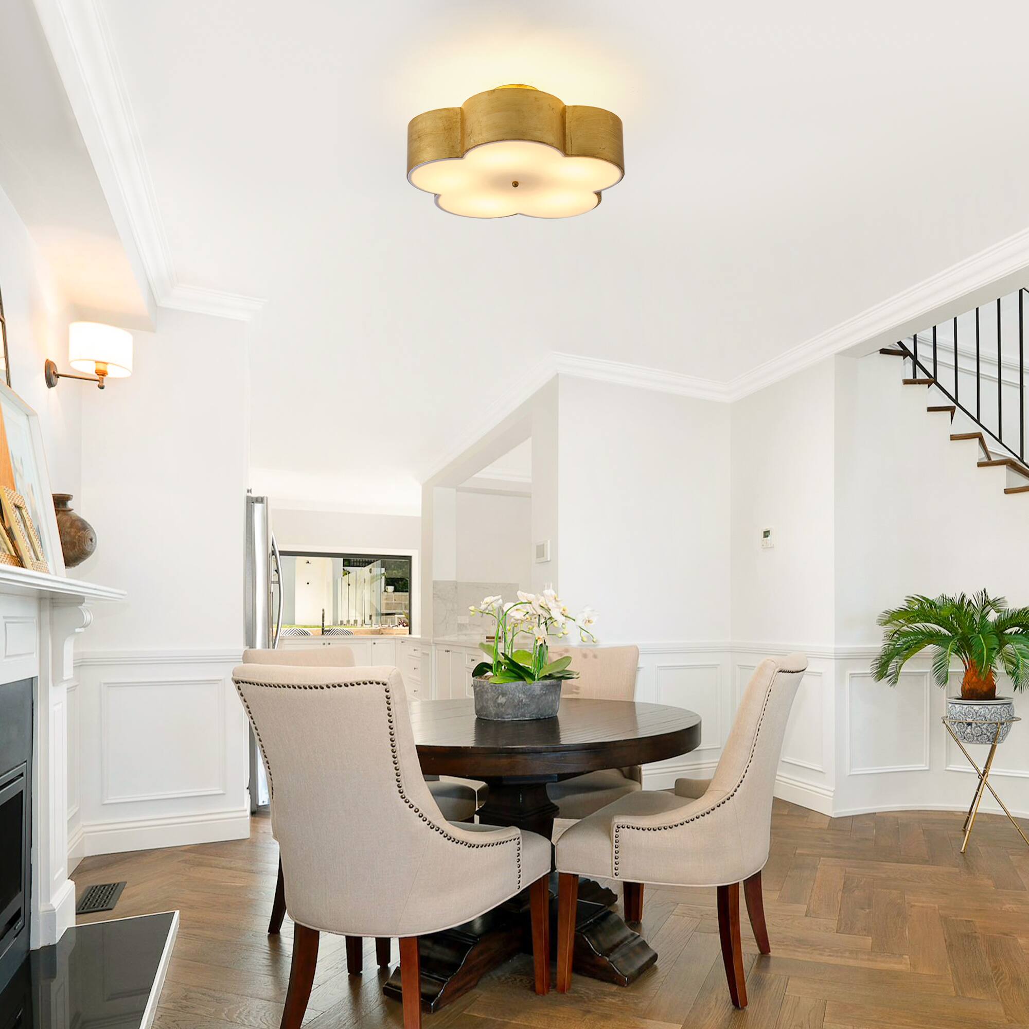 Left. Parrot Uncle - 19 in. 5-Light Large Flower Vintage Gold Metal Semi-Flush Mount Ceiling Light - Gold.