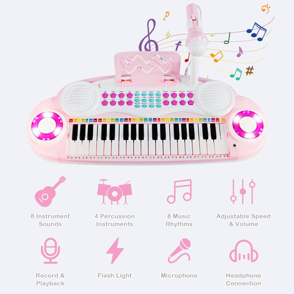 Costway 37Key Kids Piano Keyboard Playset Electronic Organ Light Pink