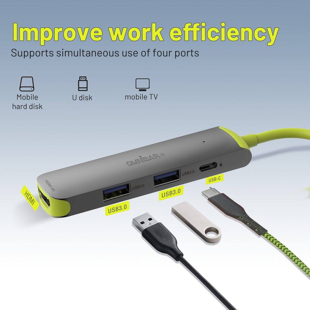Improve work efficiency  
Supports simultaneous use of four ports  

- Mobile hard disk  
- U disk  
- mobile TV  

Ports:  
- HDMI  
- USB3.0  
- USB3.0  
- USB3.0  
- USB-C