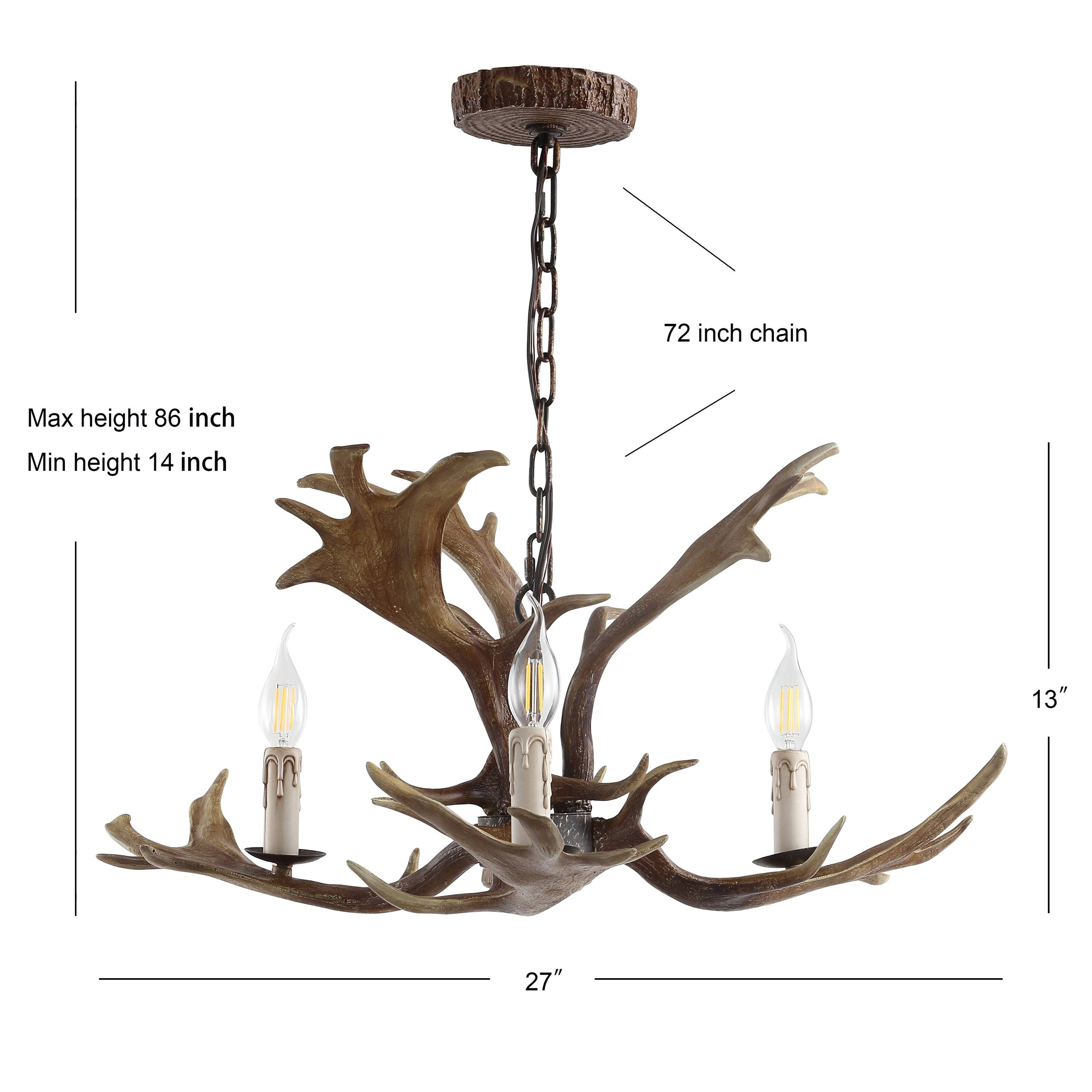 72 inch chain  
Max height 86 inch  
Min height 14 inch  
13"  
27"