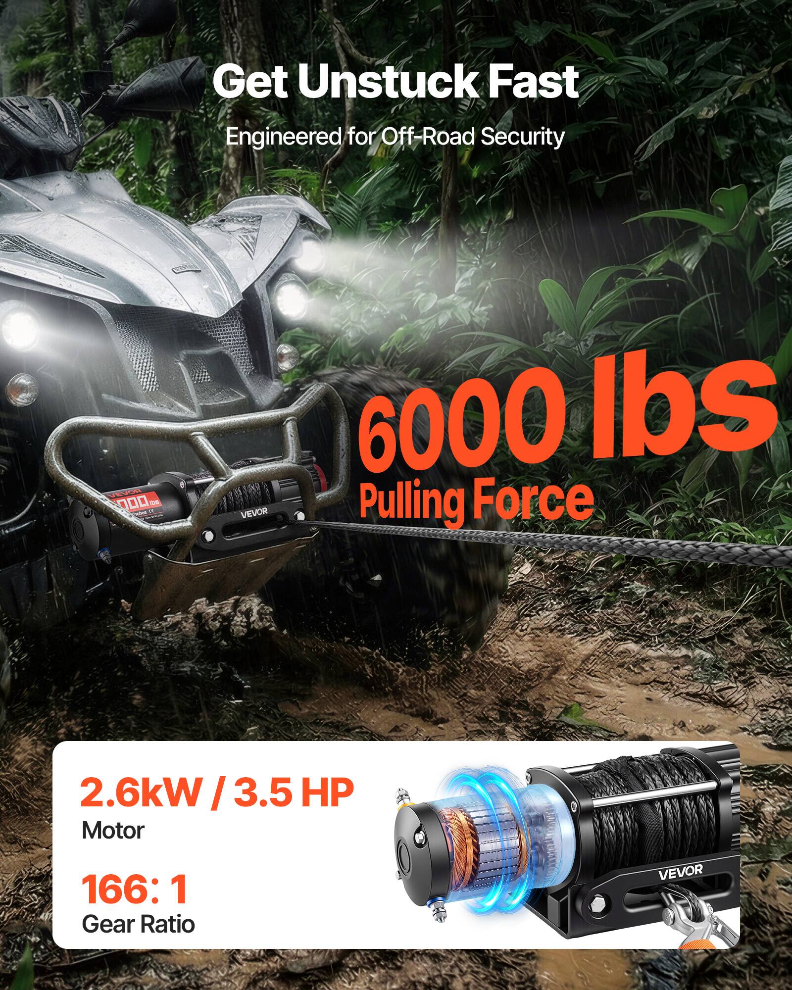 Get Unstuck Fast  
Engineered for Off-Road Security  

6000 lbs Pulling Force  

2.6kW / 3.5 HP Motor  
166:1 Gear Ratio