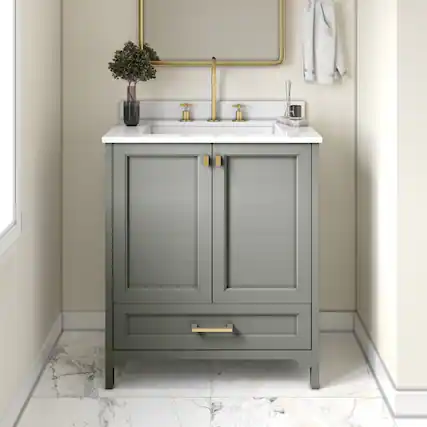 Front. Emma + Oliver - Bathroom Vanity w/ Ceramic Undermount Sink, Cabinet, Bottom Drawer - Gray Frame/Gold Hardware.