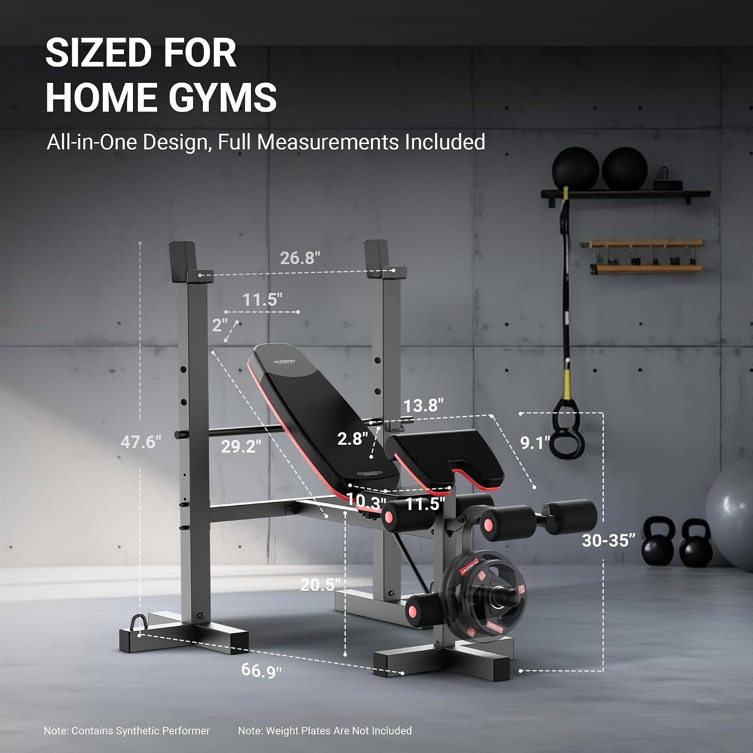SIZED FOR HOME GYMS  
All-in-One Design, Full Measurements Included

- 26.8"
- 11.5" 2"
- 13.8"
- 47.6"
- 29.2"
- 2.8"
- 9.1"
- 10.3" 11.5"
- 30-35"
- 20.5"
- 66.9"

Note: Contains Synthetic Performer  
Note: Weight Plates Are Not Included