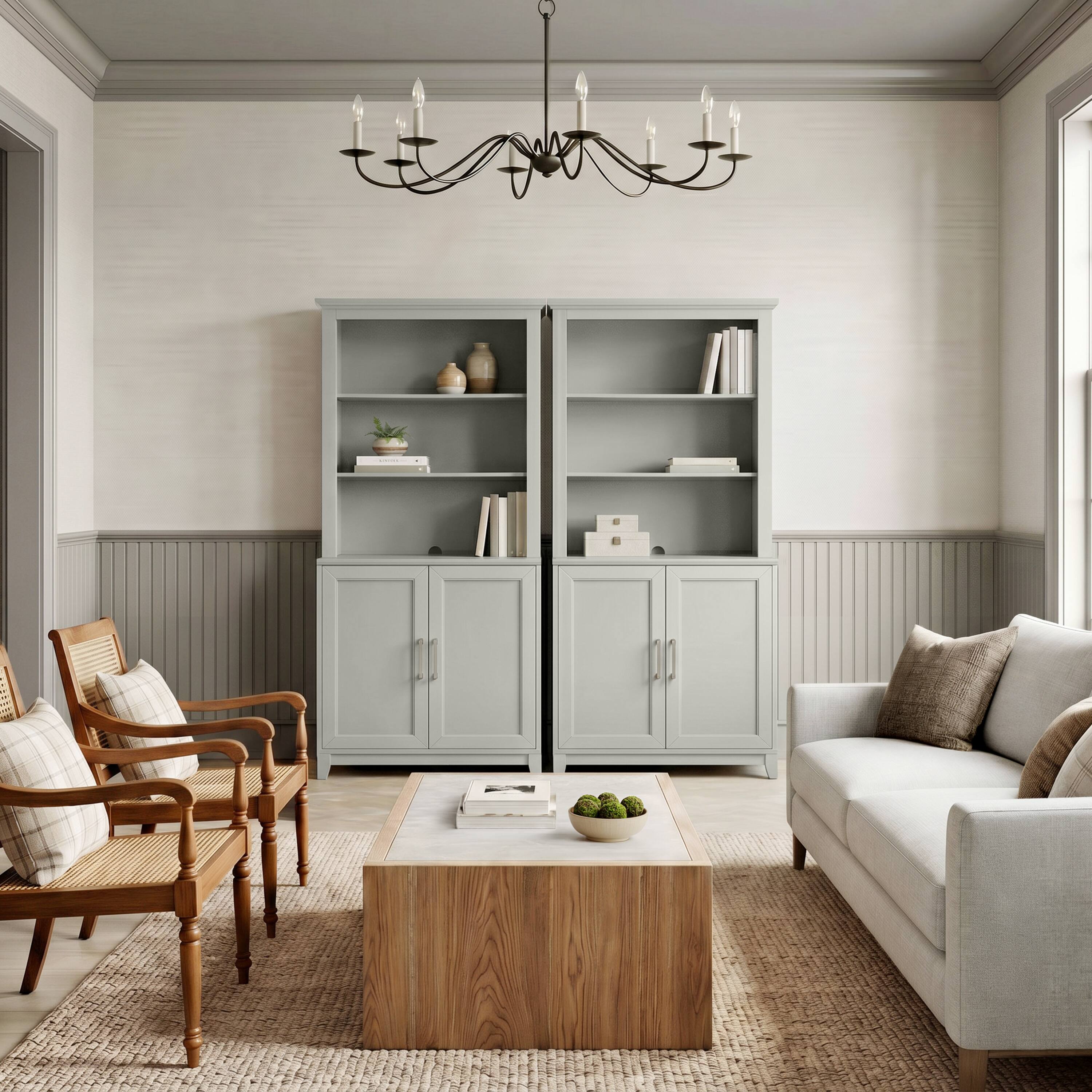 Alt View 5. Martha Stewart - Bedford Set of 2 Modular Cabinets and 2 Hutch Set, Premium Hardware, Open Top Shelves, Soft-Close Doors - Bedford Gray/Brushed Stainless Steel Hardware.