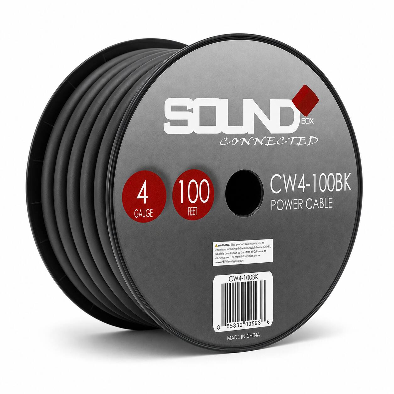 SOUND BOX CONNECTED  
4 GAUGE  
100 FEET  
CW4-100BK POWER CABLE  

WARNING: This product can expose you to chemicals including di(2-ethylhexyl)phthalate (DEHP), which is listed by the State of California as a chemical known to cause birth defects or other reproductive harm. For more information go to www.P6SMamings.ca.gov.  

CW4-100BK  
00593' 6 8 55830  
MADE IN CHINA