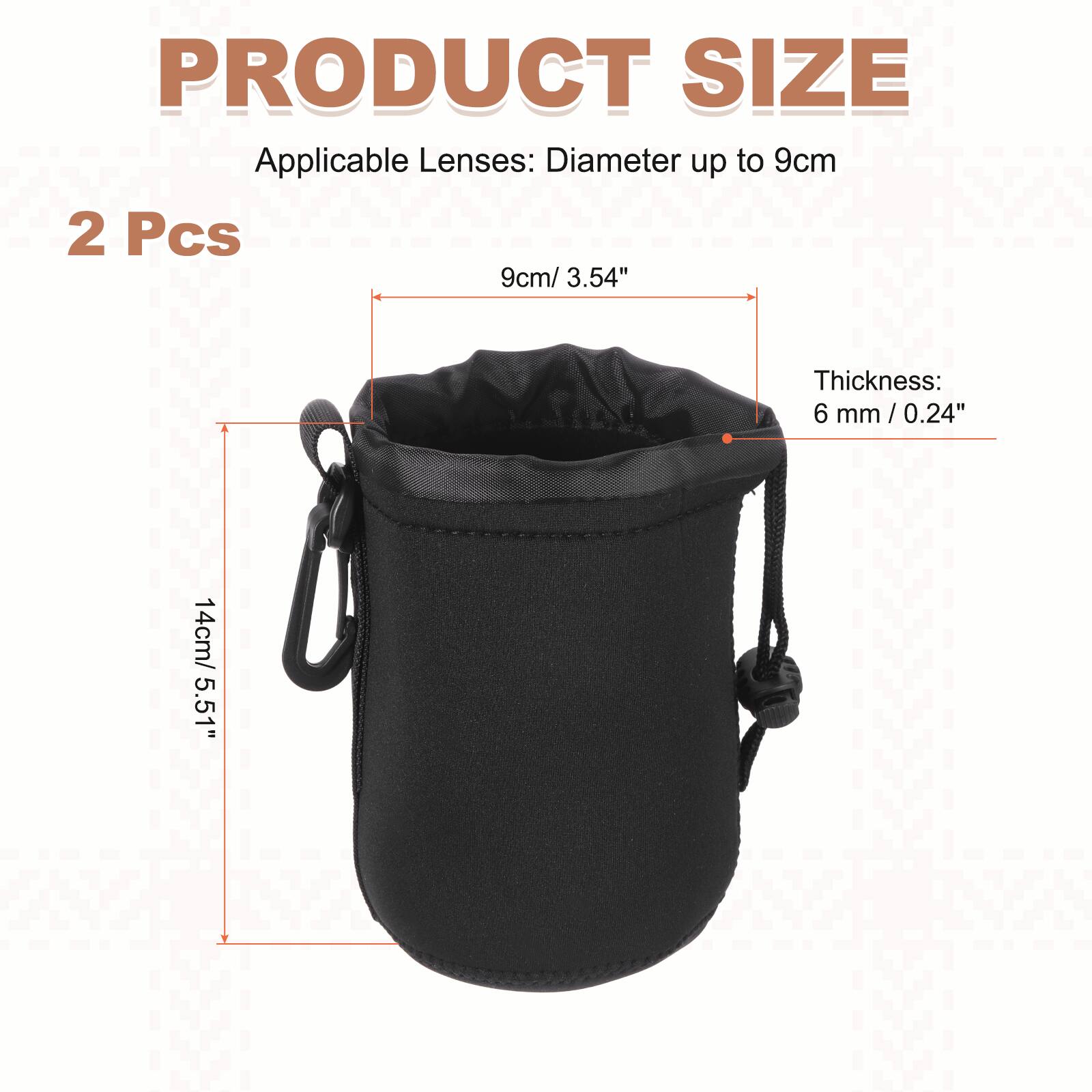 PRODUCT SIZE  
Applicable Lenses: Diameter up to 9cm  
2 Pcs  
Thickness: 6 mm / 0.24"  
Height: 14cm / 5.51"