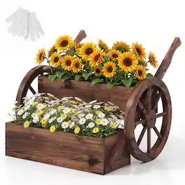 Costway - 1 PCS Rustic Wood Wagon Planter2-Tier with Wheels Handles&Drainage for Patio Balcony - Carbonized Brown