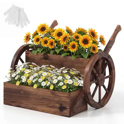 Front. Costway - Costway 1 PCS Rustic Wood Wagon Planter2-Tier with Wheels Handles&Drainage for Patio Balcony - Carbonized Brown.
