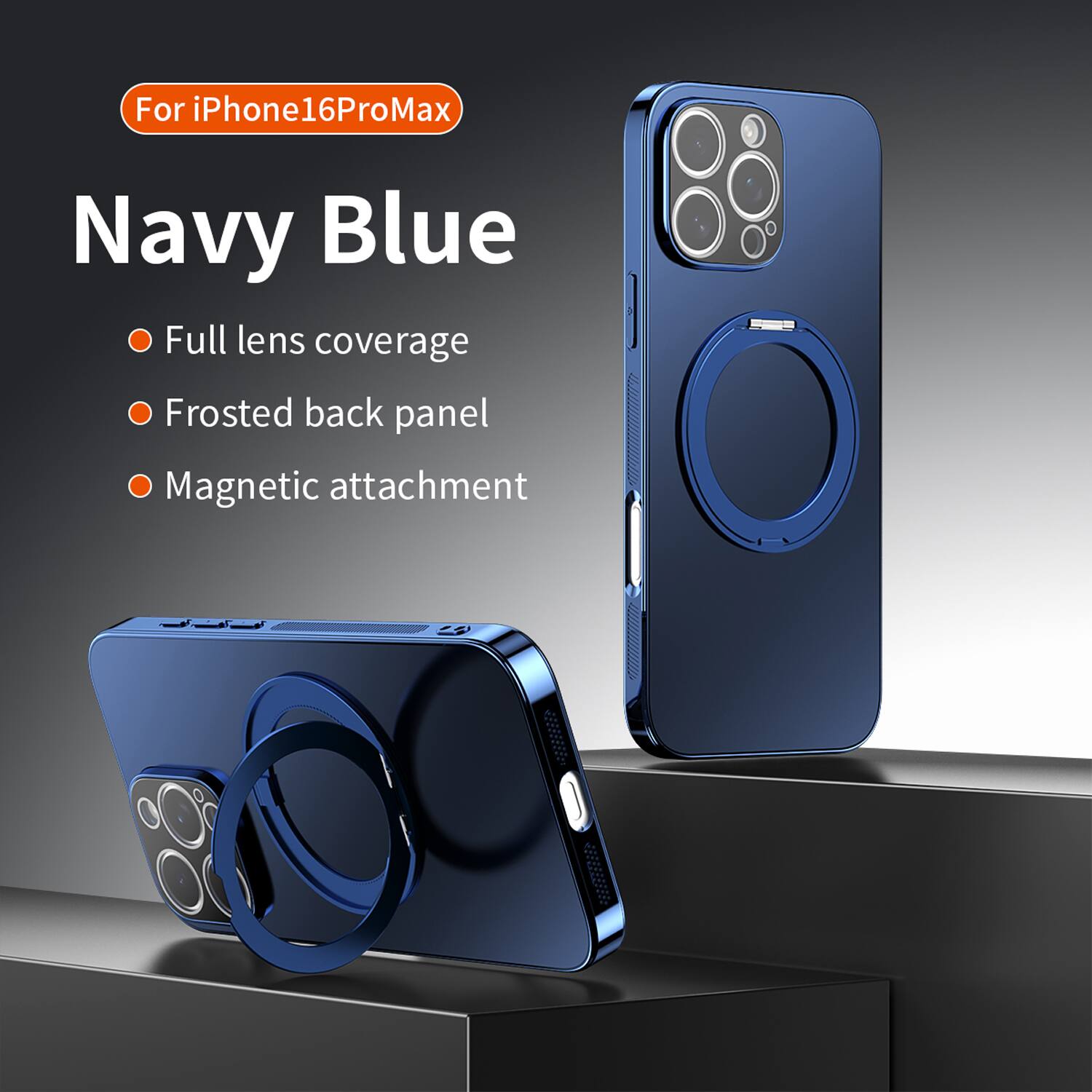 For iPhone 16 Pro Max Navy Blue Full lens coverage Frosted back panel Magnetic attachment