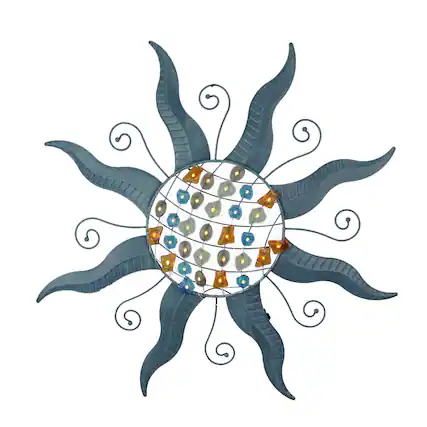 Front. The Gerson Companies - 28 Inch Blue Metal Sun LED Light Wall Sculpture Decorative Rustic Home Decor Art - Blue.
