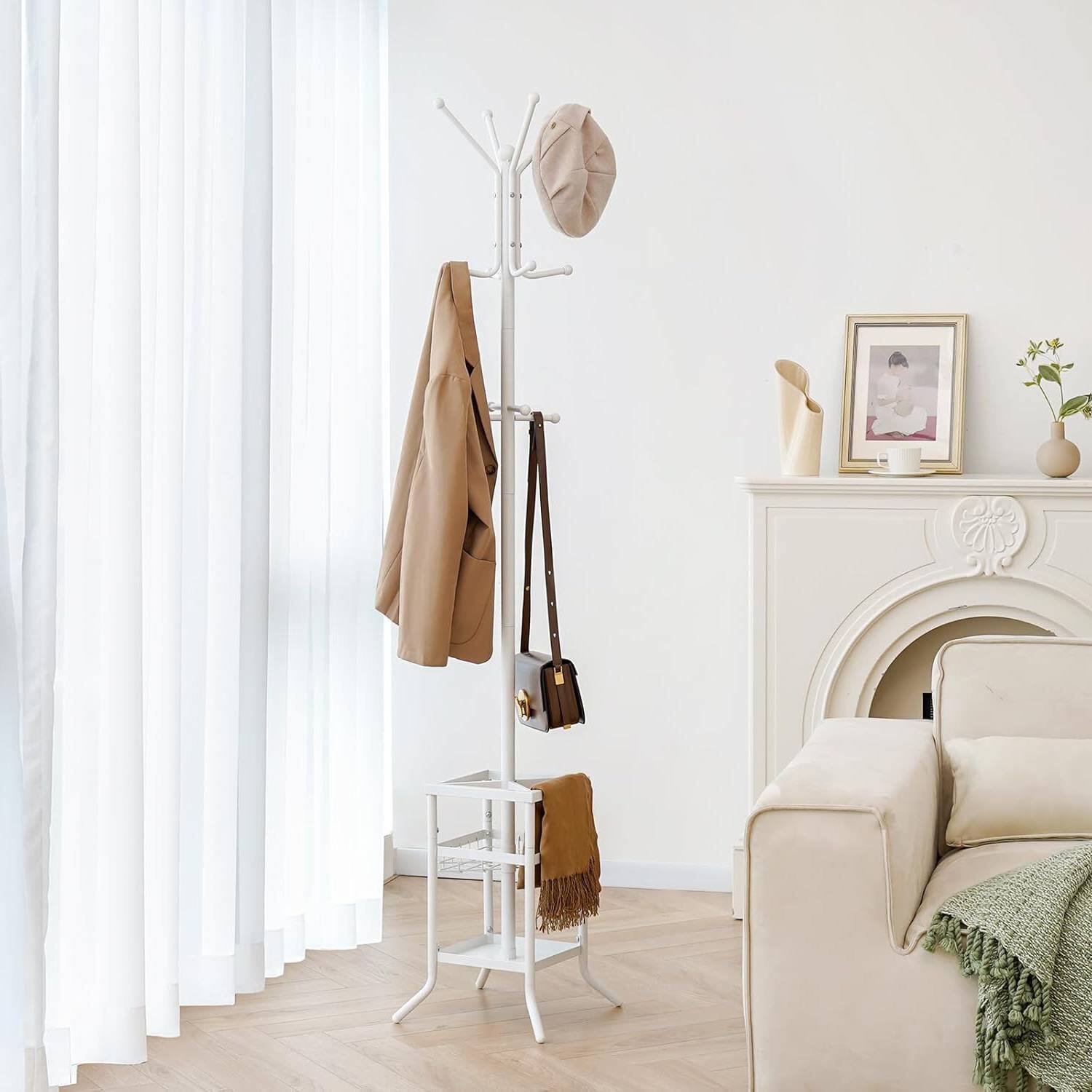 Left. SlickBlue - Freestanding Metal Coat Rack with Umbrella Holder for Hallway or Foyer - White.