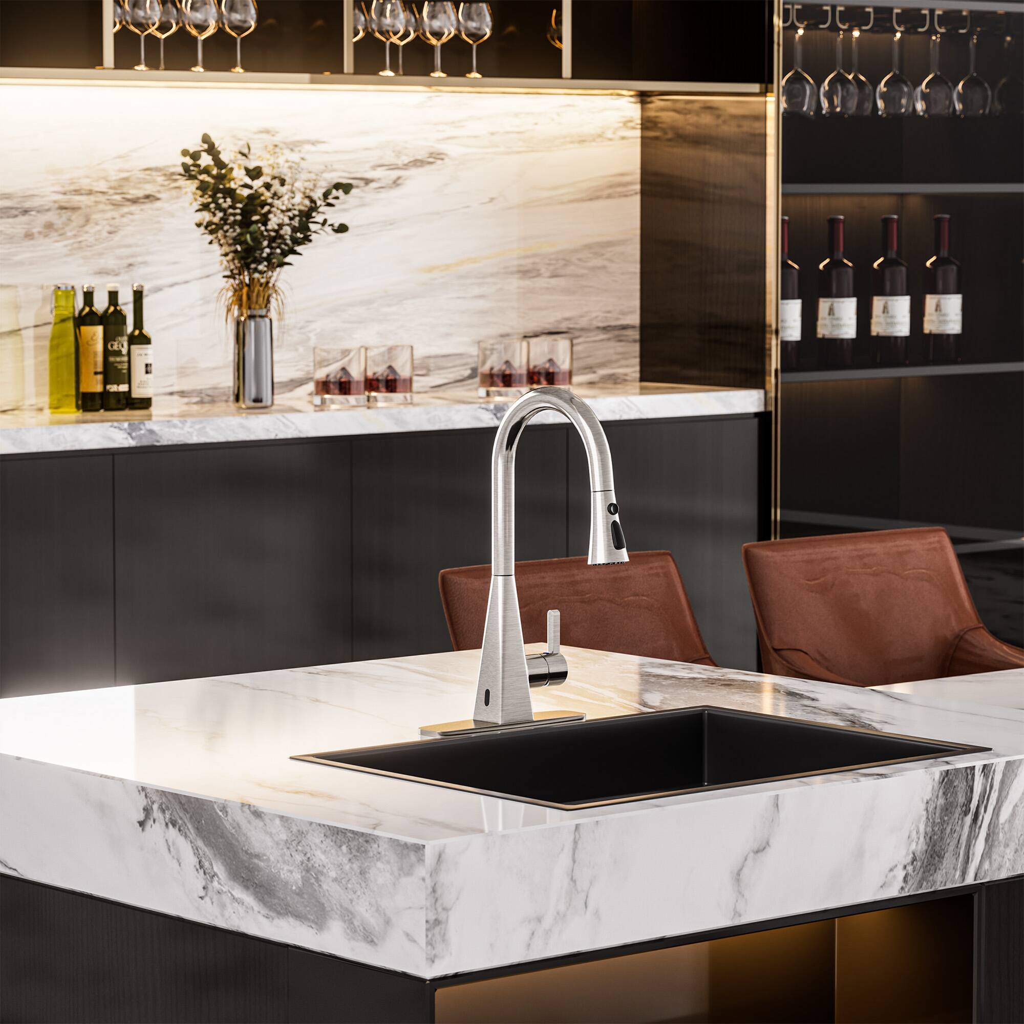 Left. Mondawe - Dual-Sensor Touchless Pull-Down Kitchen Faucet with 3-Function Sprayer - Brushed Nickel.