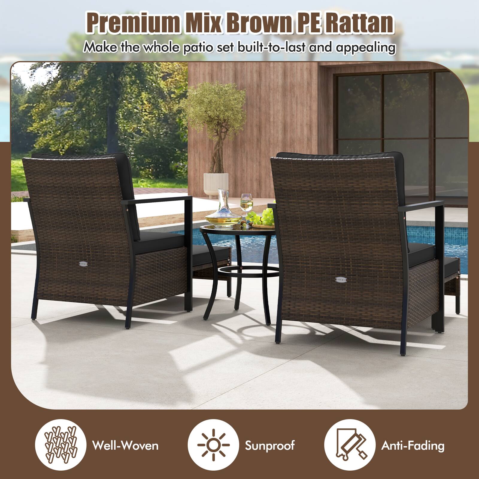Premium Mix Brown PE Rattan: Make the whole patio set built-to-last and appealing. Well-Woven, Sunproof, Anti-Fading.