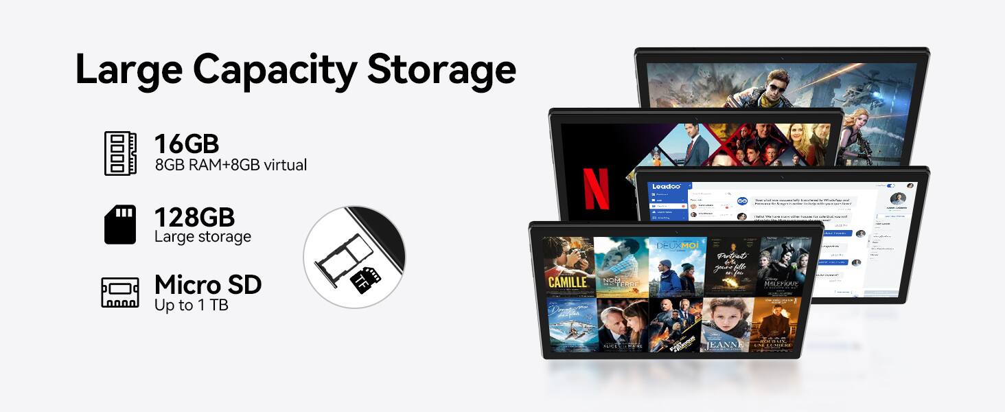 Large Capacity Storage

- 16GB
  - 8GB RAM + 8GB virtual

- 128GB
  - Large storage

- Micro SD
  - Up to 1 TB