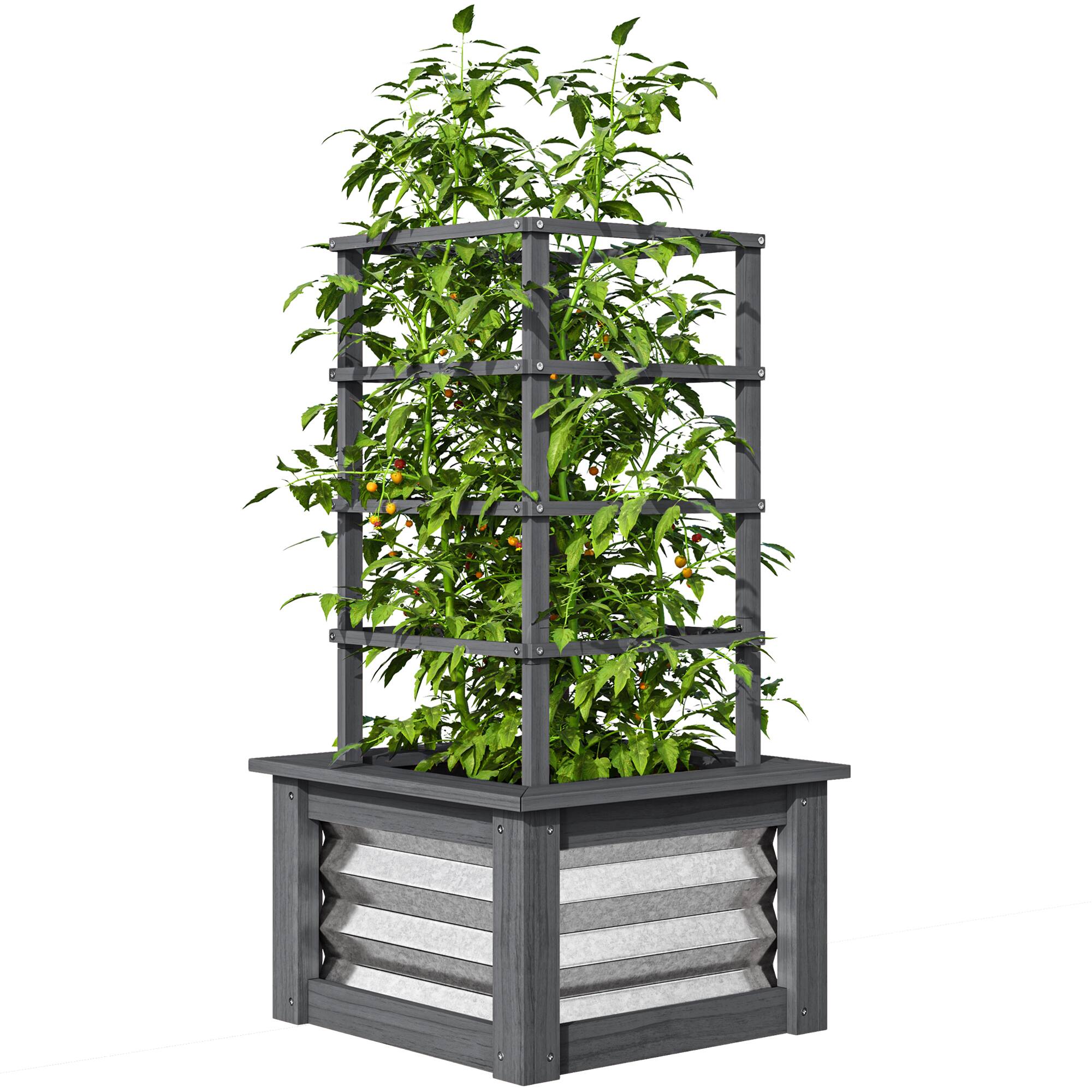 Front. Outsunny - Raised Garden Bed with Trellis, Wooden Planter Box with Galvanized Steel Sides, Raised Flower Bed for Climbing Plants - Gray.