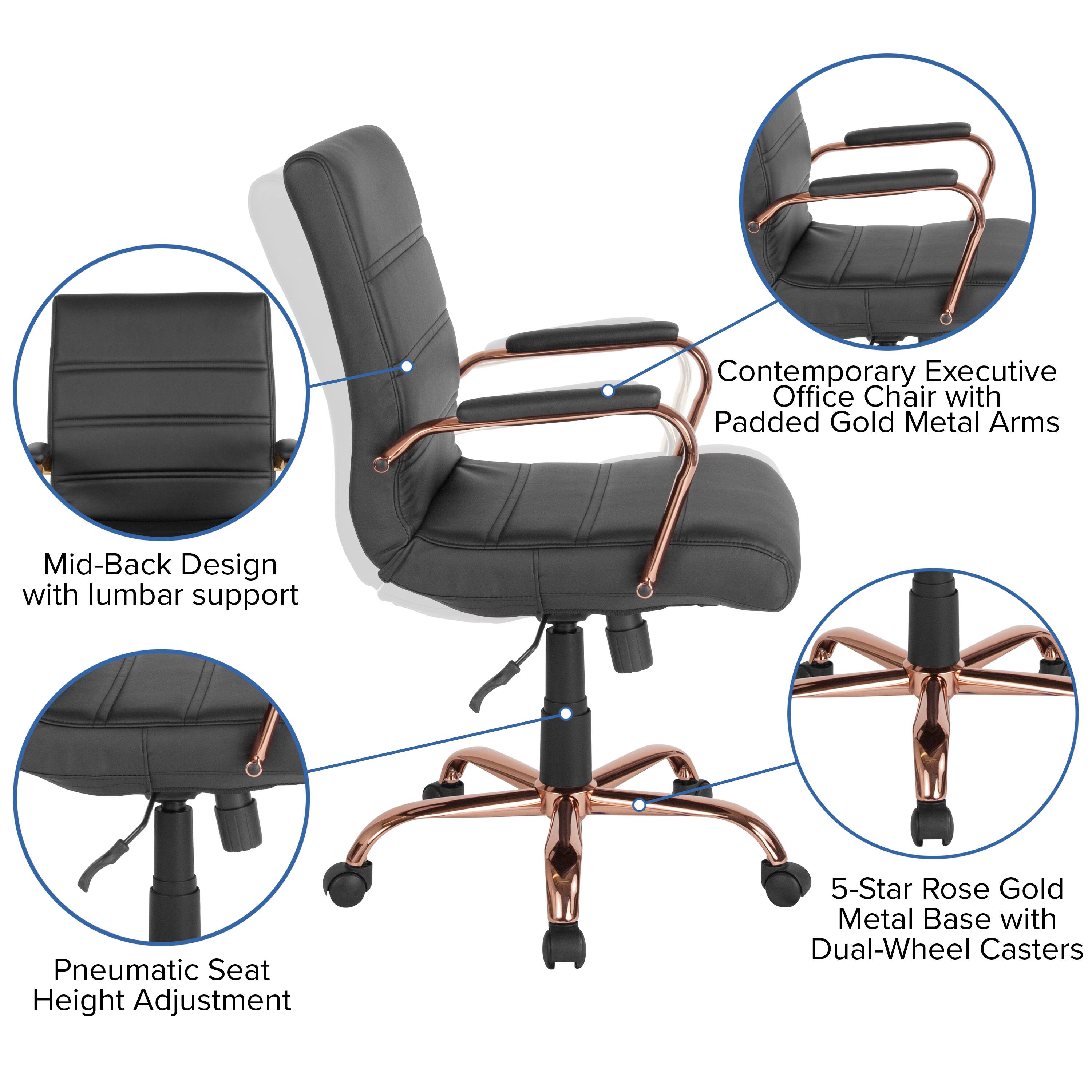 Contemporary Executive Office Chair with Padded Gold Metal Arms  
Mid-Back Design with lumbar support  
Pneumatic Seat Height Adjustment  
5-Star Rose Gold Metal Base with Dual-Wheel Casters