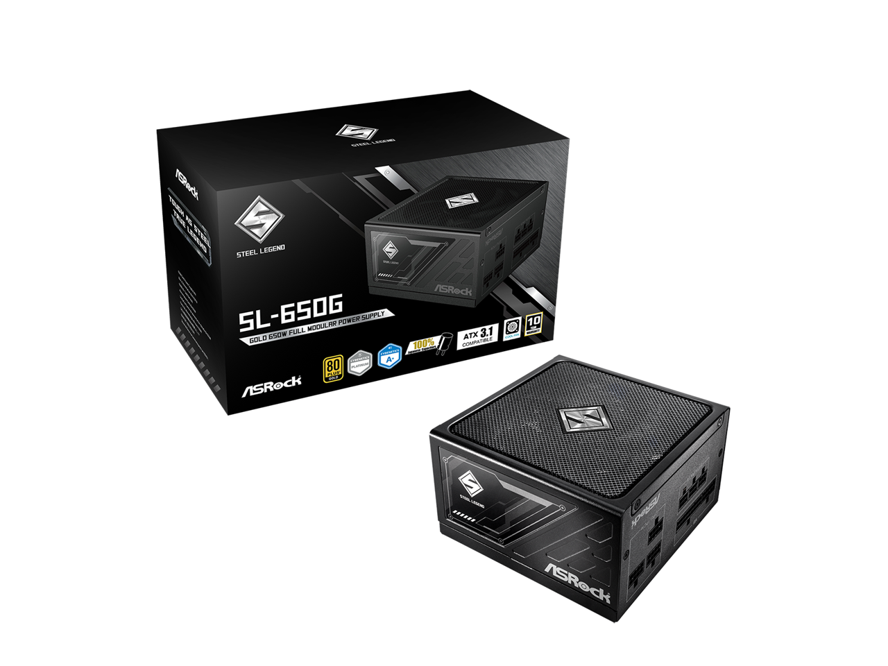 ASRock Steel Legend SL-650G  
Full Modular Power Supply  
ATX 12V 3.1  
100% Compatible  
80 PLUS PLATINUM  
10 Year Warranty  
GOLD 650W  
100% Japanese Capacitors  
100% German Silicon Steel Core