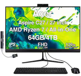 Acer - Upgraded - Aspire C27 All-in-One 27 FHD Display (Ryzen 7 5825U, 64GB, 4TB SSD, AMD Radeon, WiFi 6E, Win 11 Pro) w/USB Hub