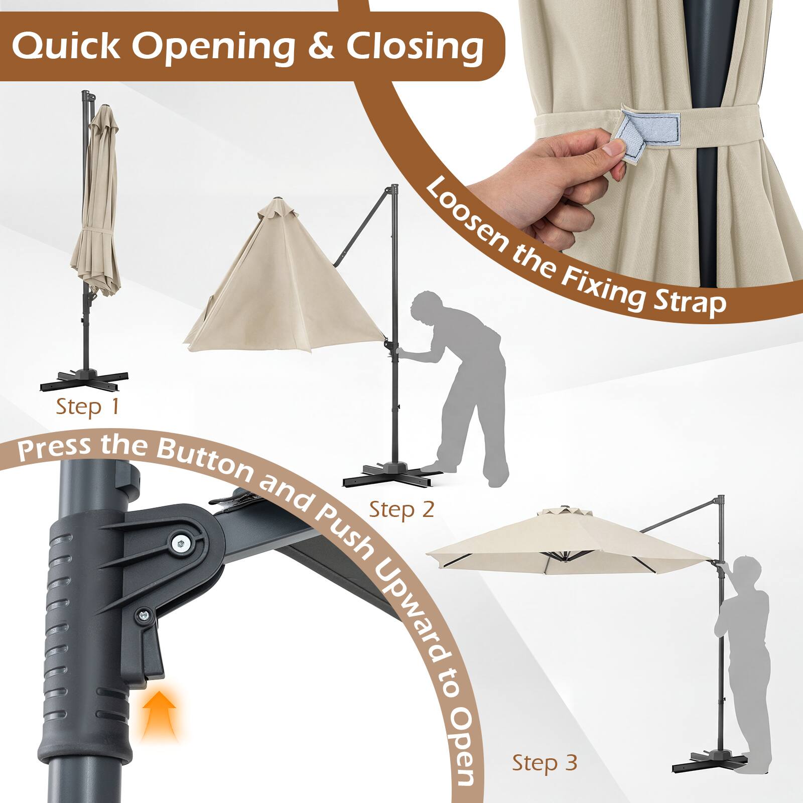 Quick Opening & Closing

1. Loosen the Fixing Strap
2. Press the Button and Push Upward to Open
3.