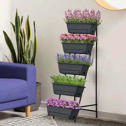 Front. Oumilen - 5-Tier Vertical Raised Garden Bed, Black Metal Plant Stand with 5 Dark Gray Planter Boxes for Patio Balcony Backyard.